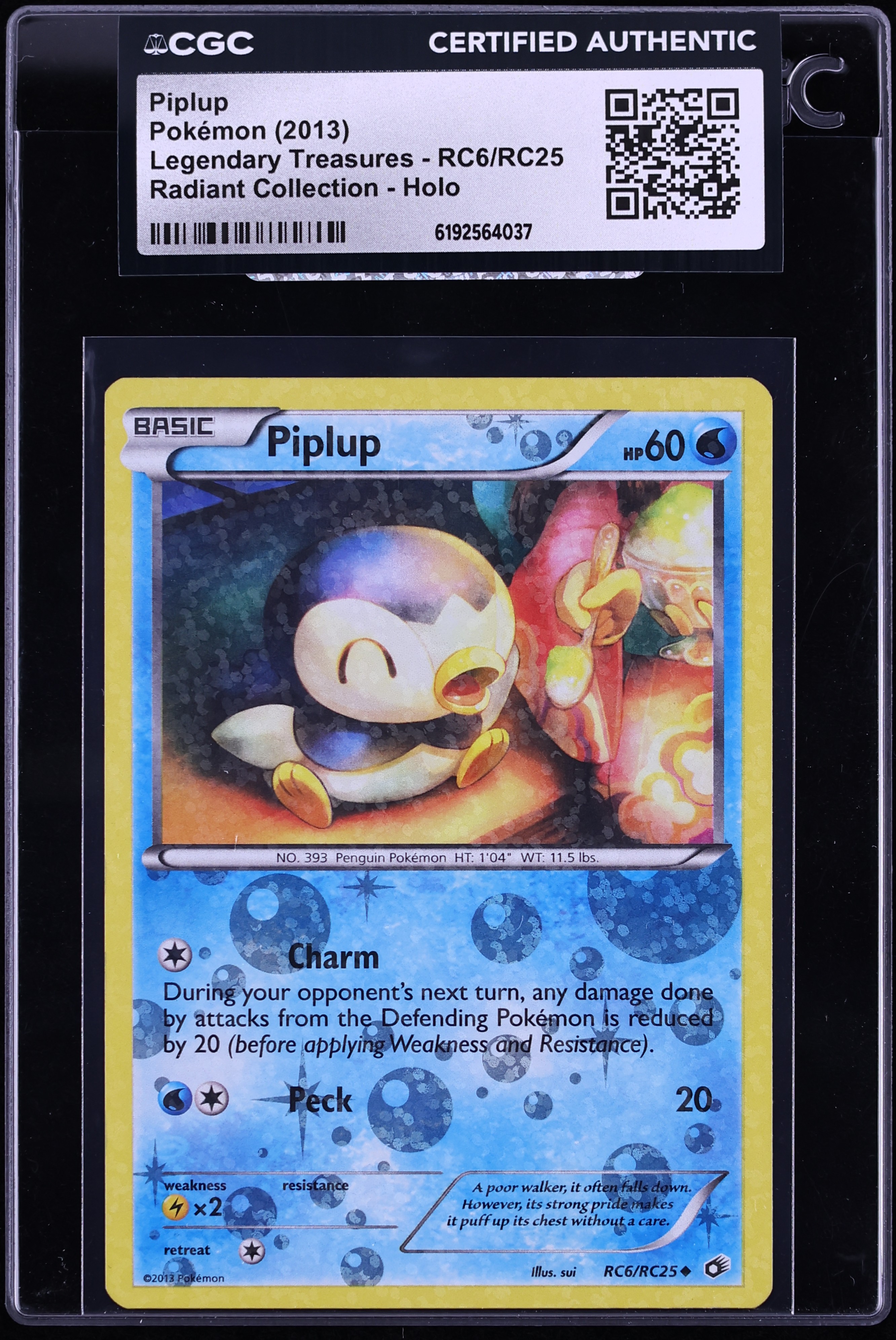 2013 Pokemon Black & White Legendary Treasures Radiant Collection Holo Piplup #RC6 CGC AUTH