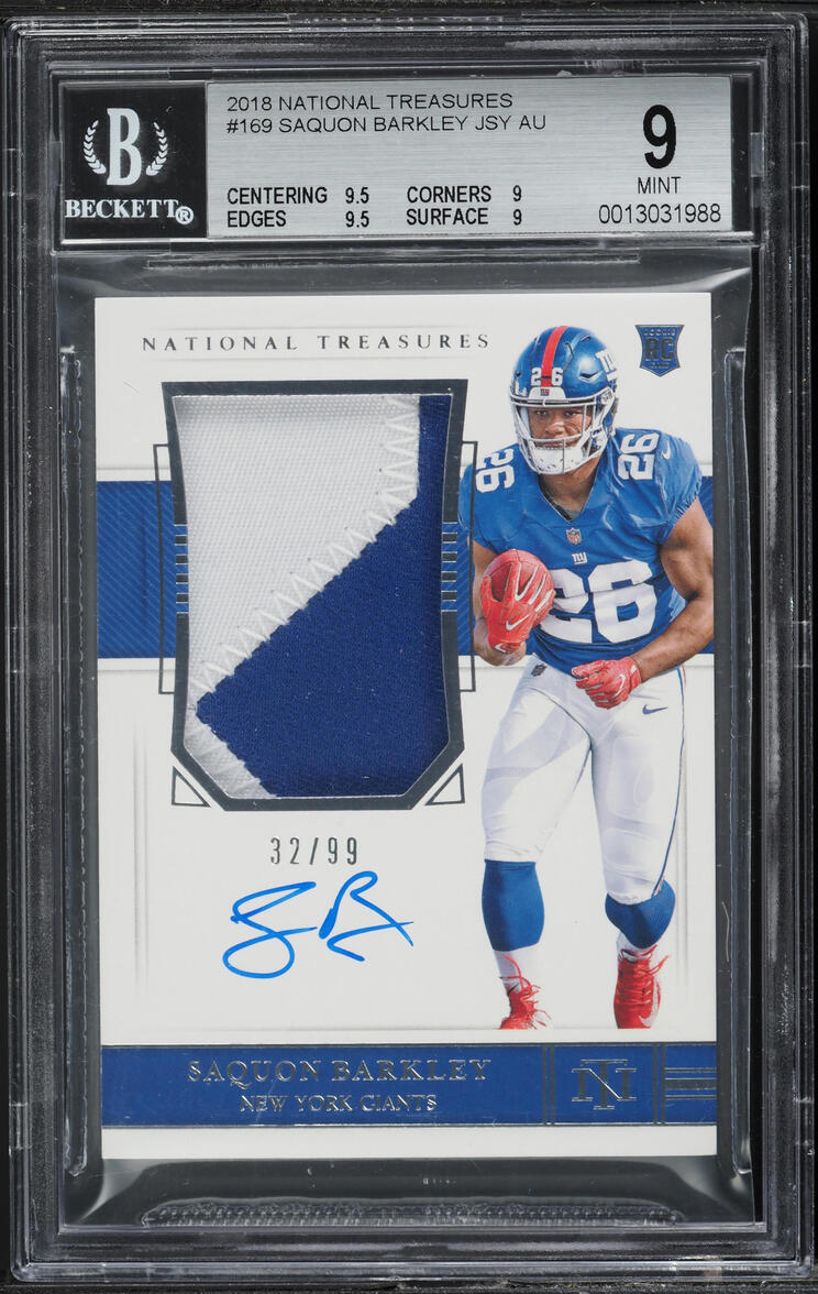 2018 National Treasures Saquon Barkley ROOKIE PATCH AUTO /99 #169 BGS 9 MINT