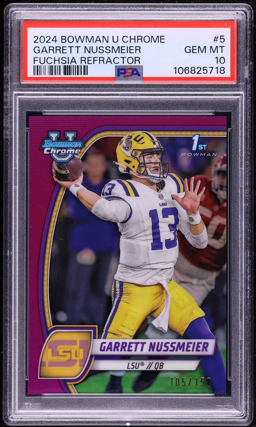 2024 Bowman Chrome University Fuchsia Refractor Garrett Nussmeier /150 #5 PSA 10