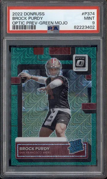 2022 Panini Donruss Optic Preview Green Mojo #P374 Brock Purdy RC PSA 9