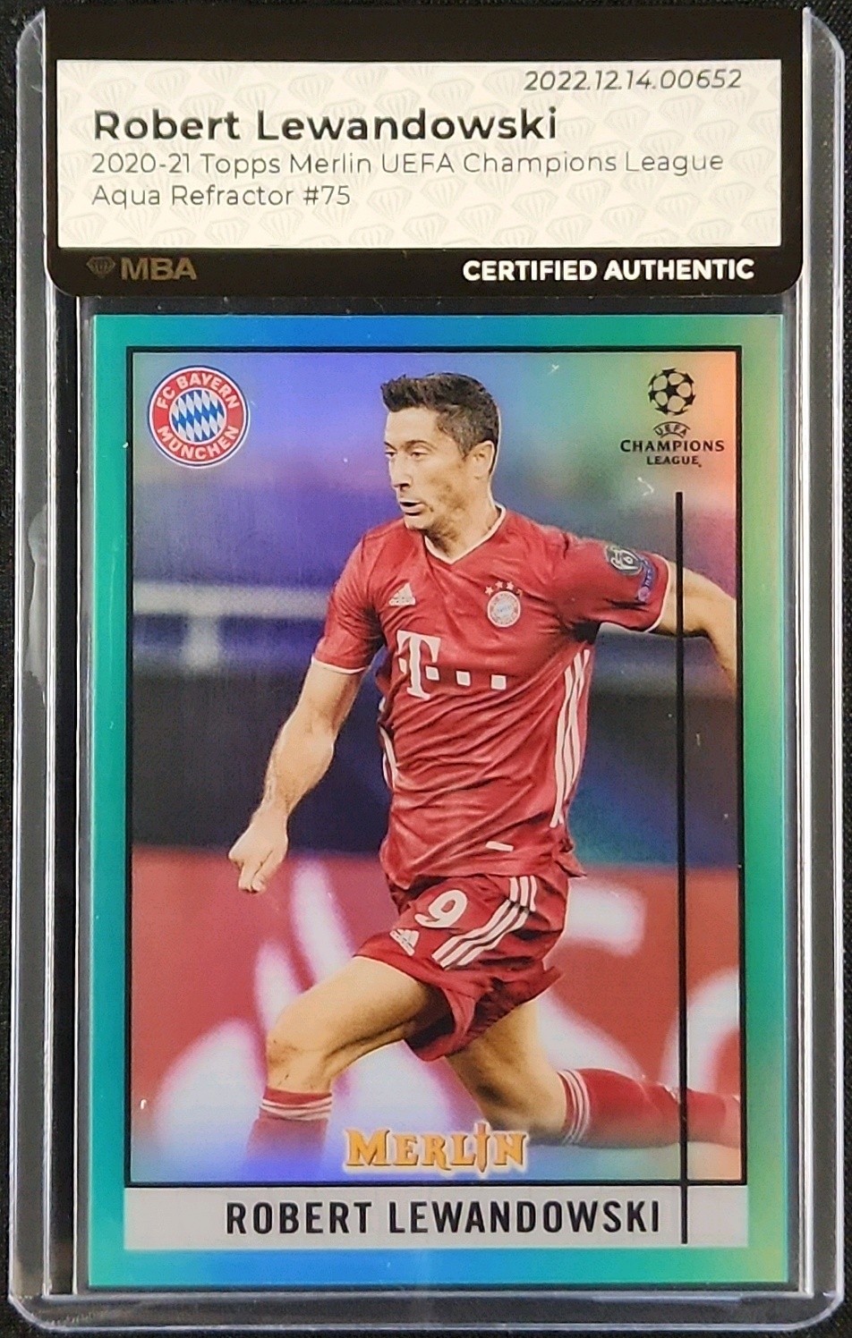2020 Topps Merlin Chrome UEFA Aqua Refractor Robert Lewandowski /199 MBA AUTH