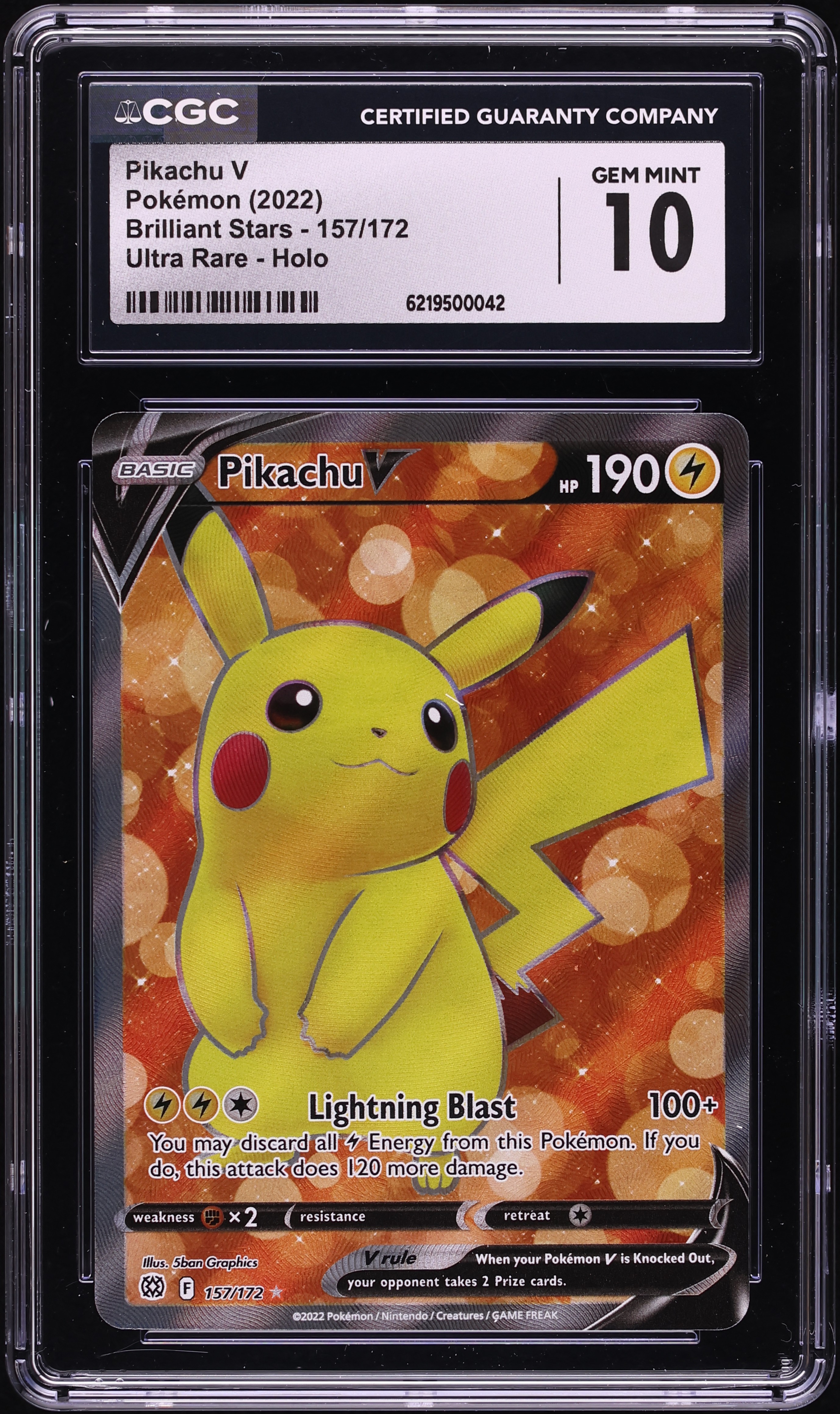 2022 Pokemon Sword & Shield Brilliant Stars Full Art Pikachu V #157 CGC 10 GEM MINT