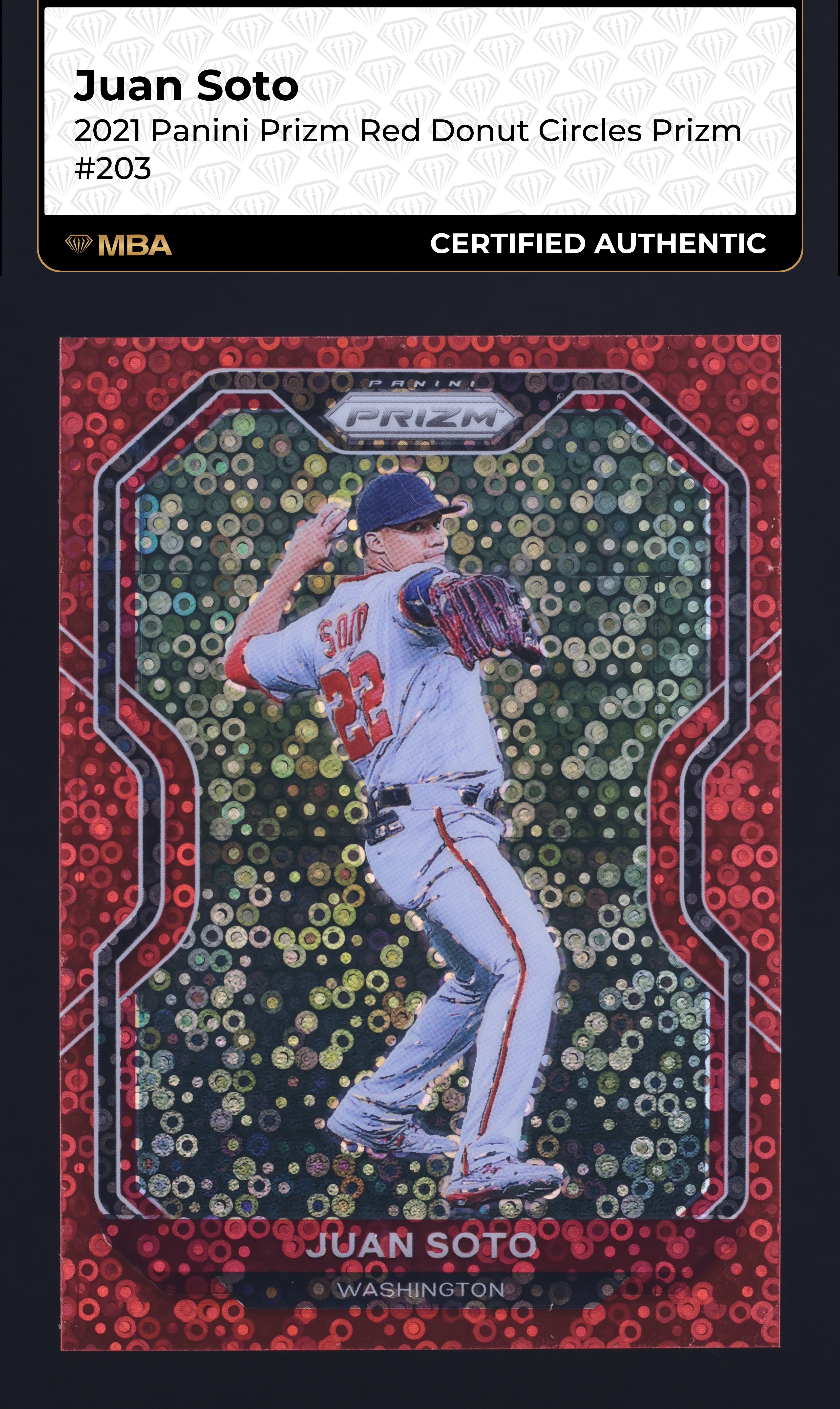 2021 Panini Prizm Red Donut Circles Juan Soto /99 #203 MBA AUTH