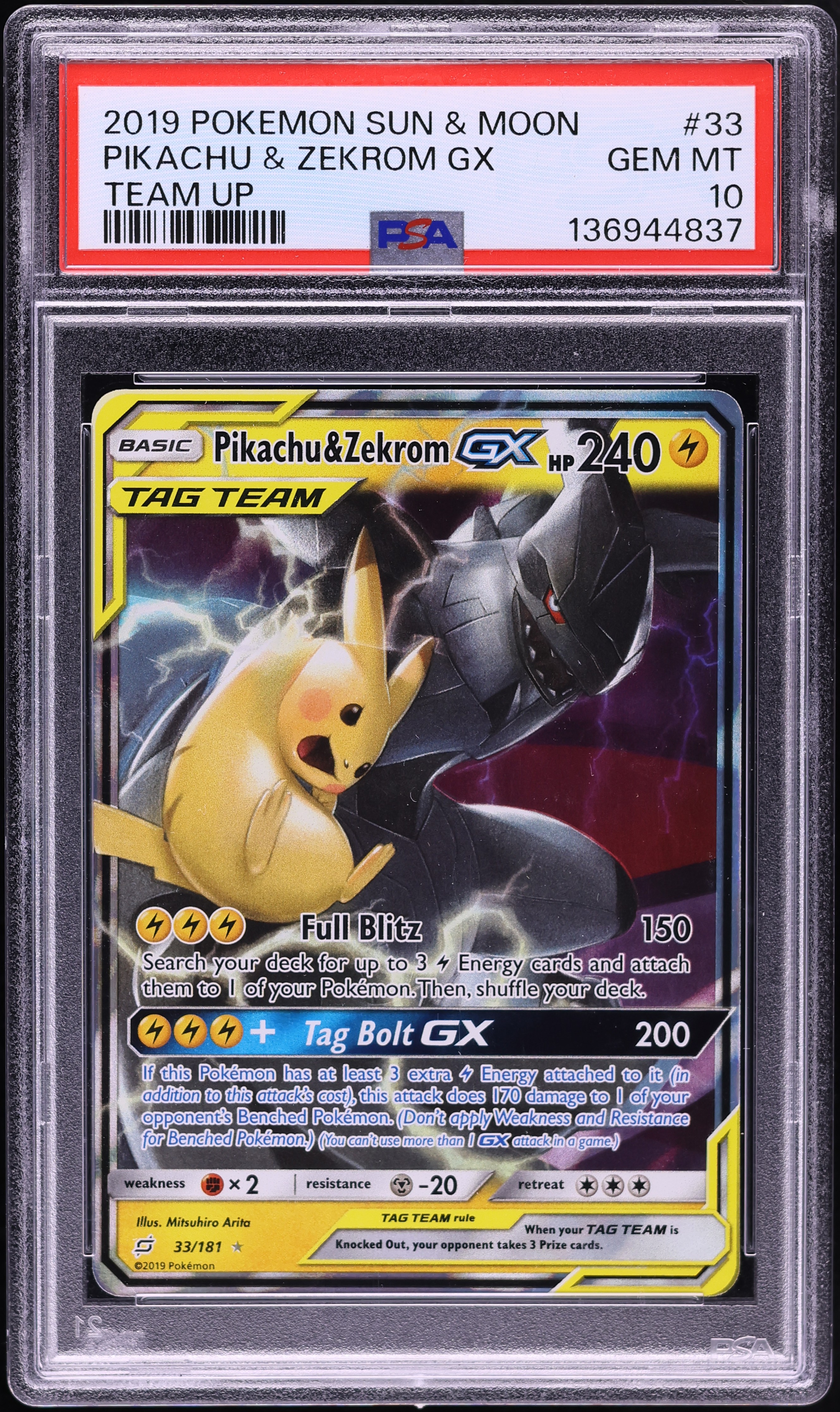 2019 Pokemon Sun & Moon Team Up Holo Pikachu & Zekrom GX #33 PSA 10 GEM MINT