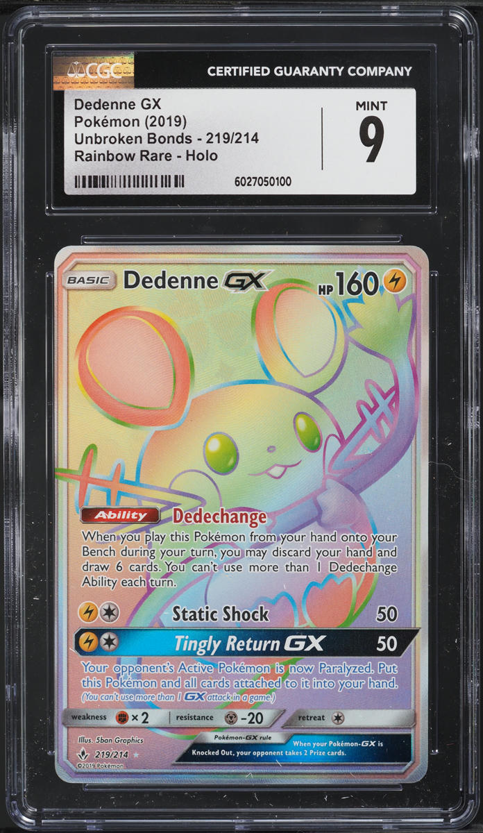 2019 Pokemon SM Unbroken Bonds Rainbow Rare Holo Dedenne GX #219 CGC 9 MINT