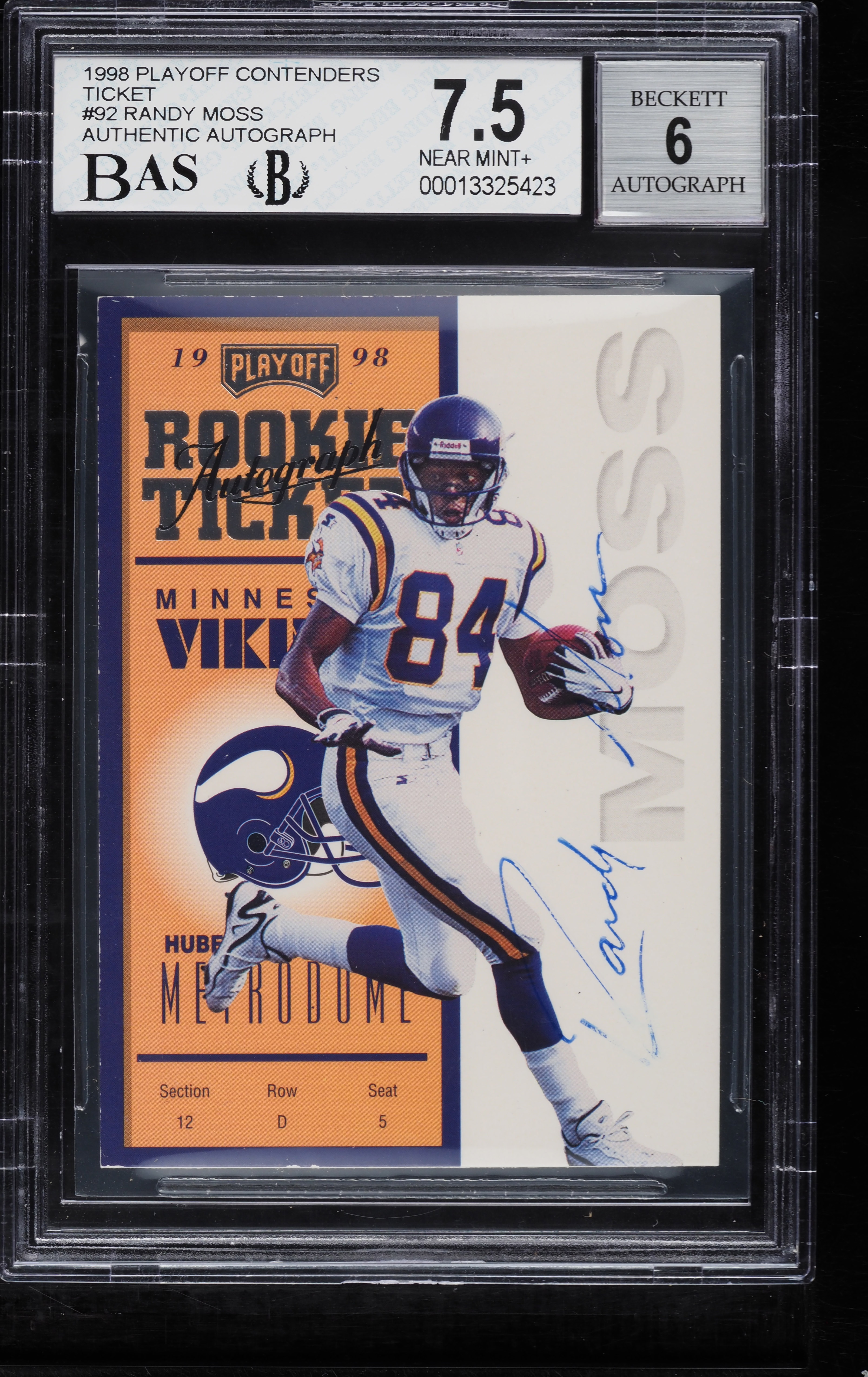 1998 Playoff Contenders Ticket Randy Moss ROOKIE RC AUTO /300 #92 BGS 7.5 NRMT+