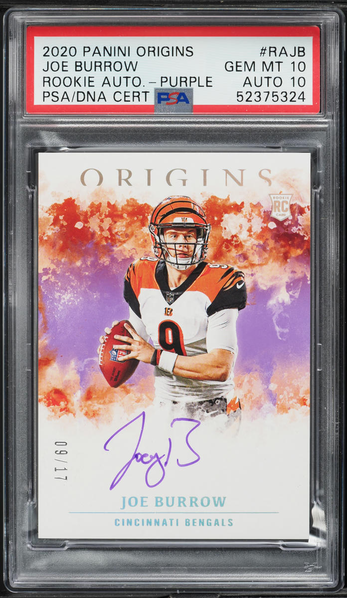 2020 Panini Origins Purple Joe Burrow ROOKIE AUTO JERSEY # 9/17 PSA 10 GEM MINT