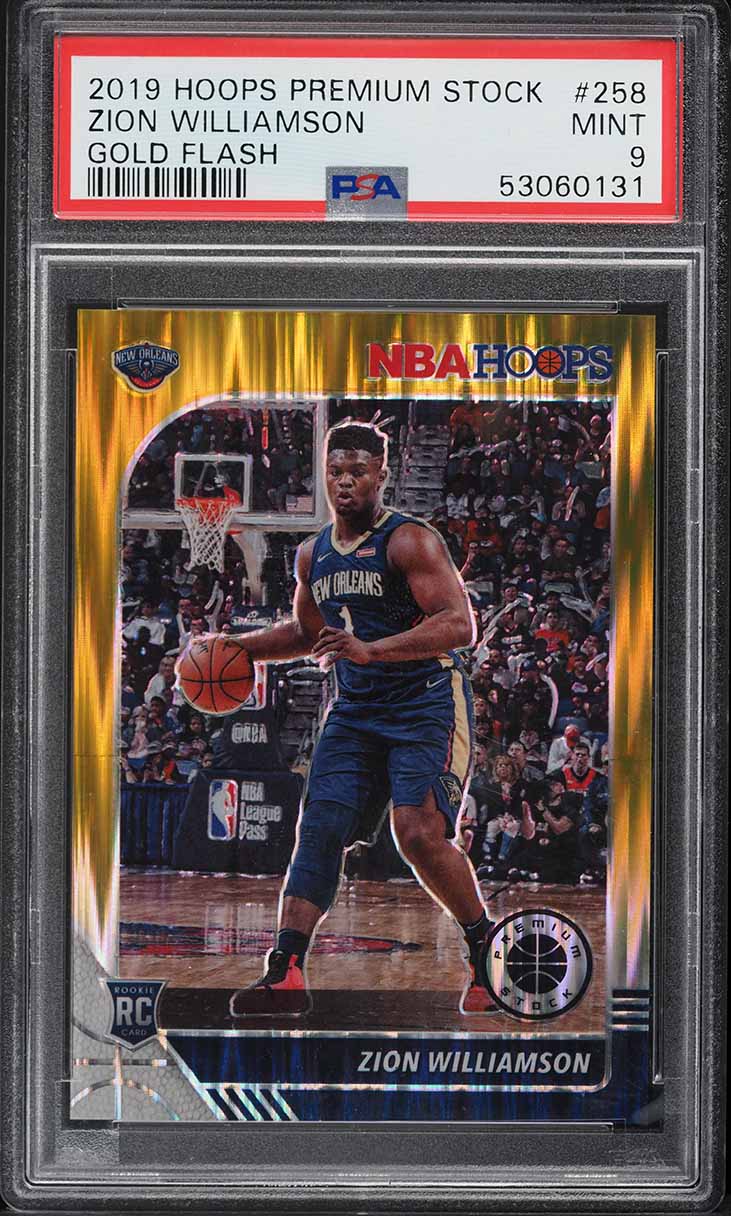2019 Hoops Premium Stock Gold Flash Zion Williamson ROOKIE /10 #258 PSA 9 MINT