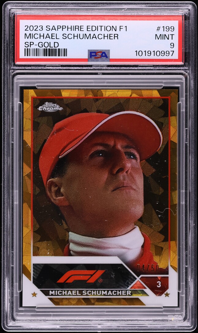 2023 Topps Chrome Formula 1 Sapphire Ed Gold Michael Schumacher /50 #199 PSA 9