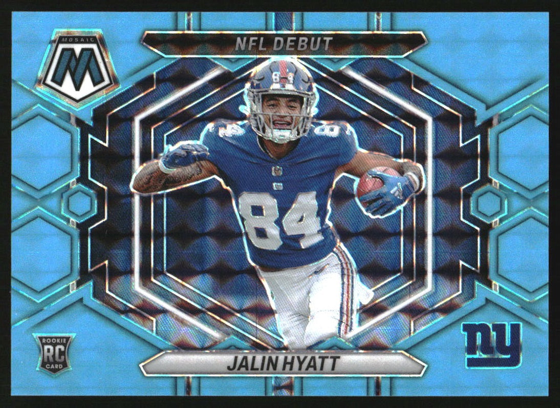 2023 Panini Mosaic Blue Fluorescent Mosaic #ND-17 Jalin Hyatt RC NFL Debut /15