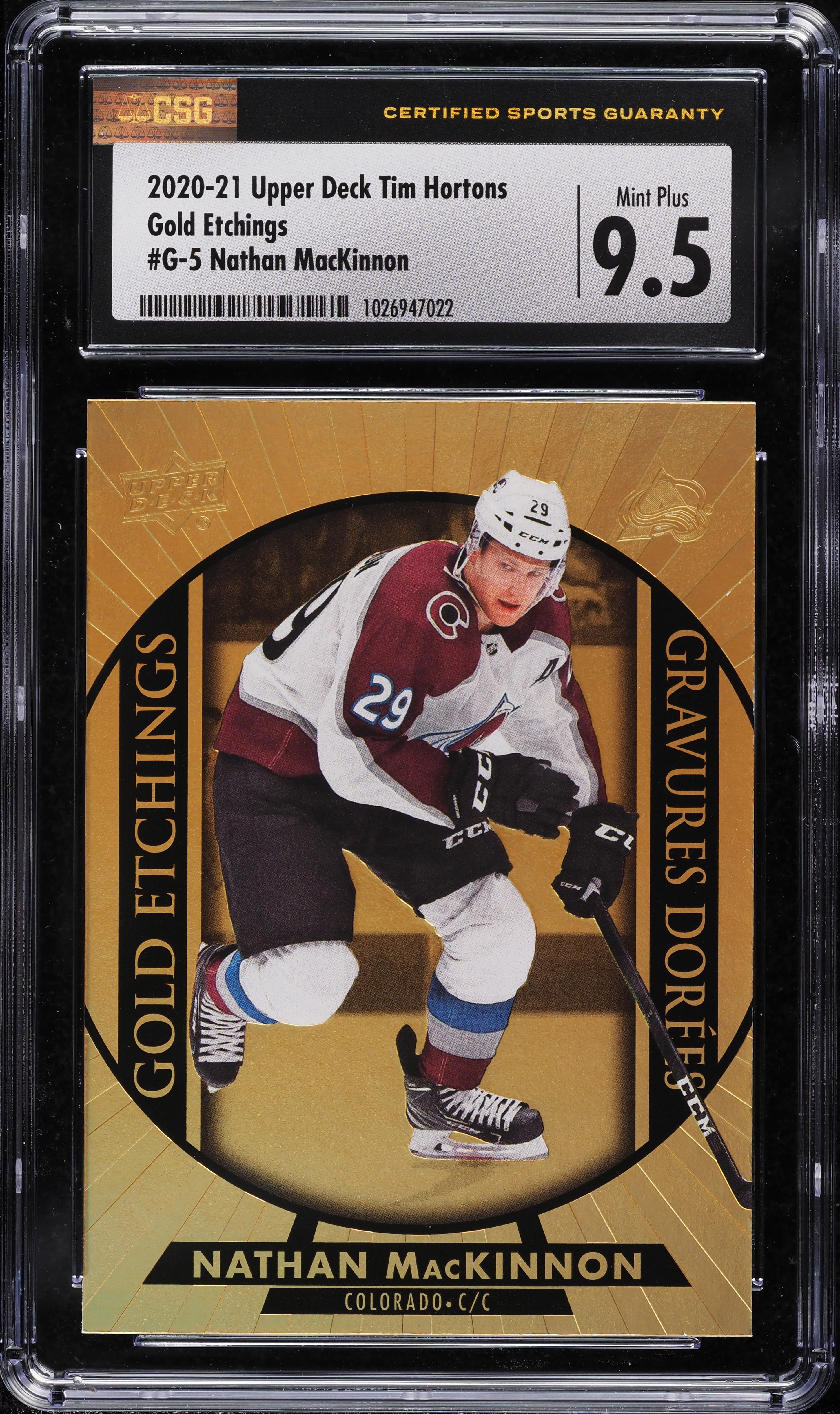 2020 Upper Deck Tim Hortons Gold Etchings Nathan MacKinnon #G-5 CSG 9.5 MINT+