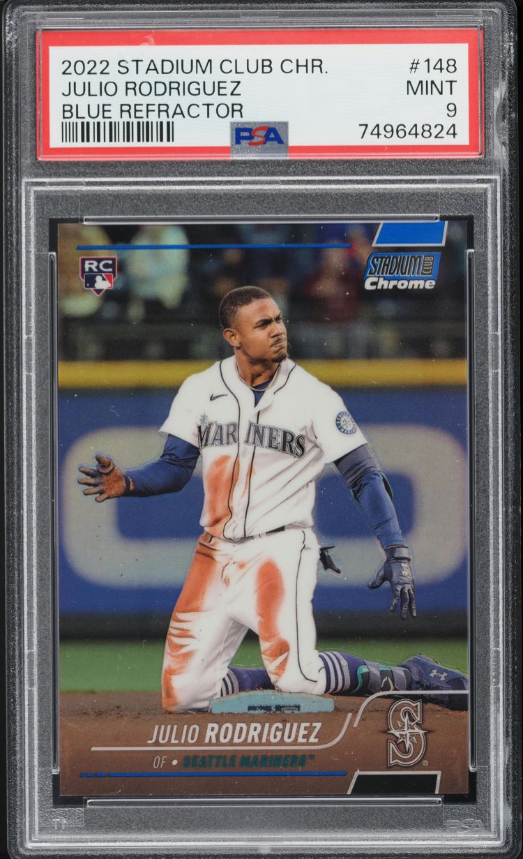 2022 Topps Stadium Club Chrome Blue Refractor Julio Rodriguez RC /199 #148 PSA 9