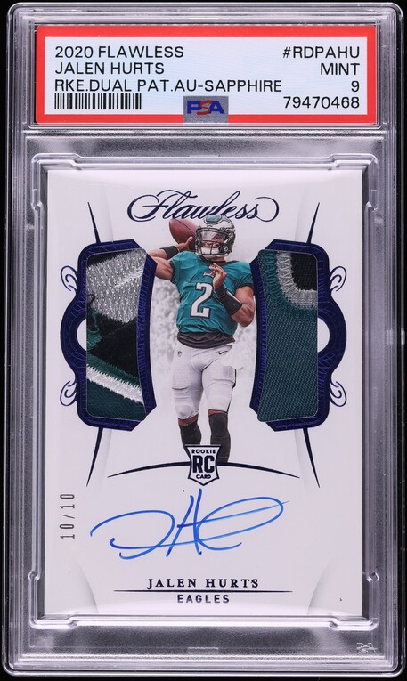 2020 Panini Flawless Sapphire Jalen Hurts ROOKIE PATCH AUTO 10/10 PSA 9 MINT