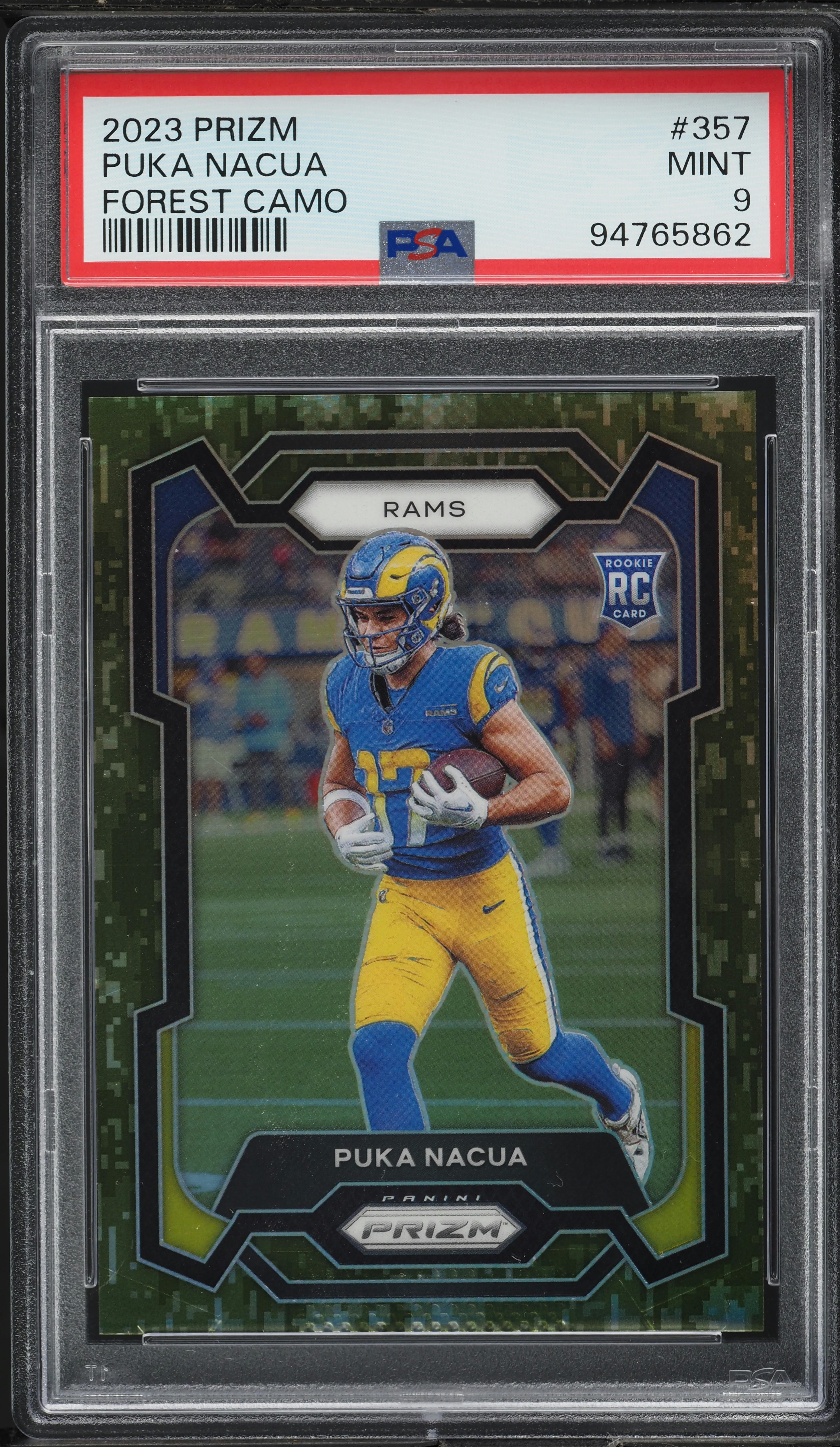2023 Panini Prizm Forest Camo Puka Nacua ROOKIE 1/15 #357 PSA 9 MINT
