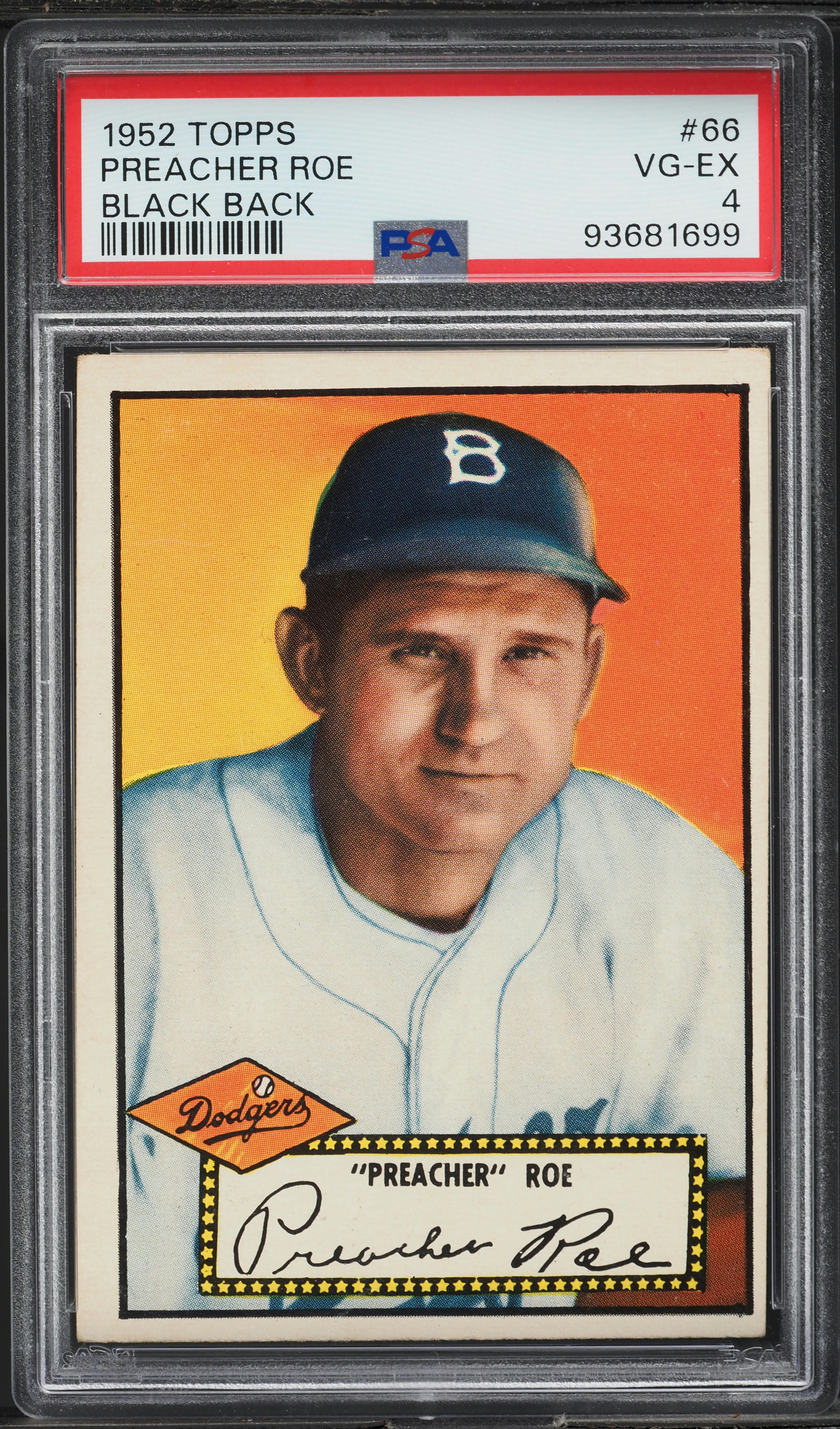 1952 Topps Preacher Roe BLACK BACK #66 PSA 4 VGEX