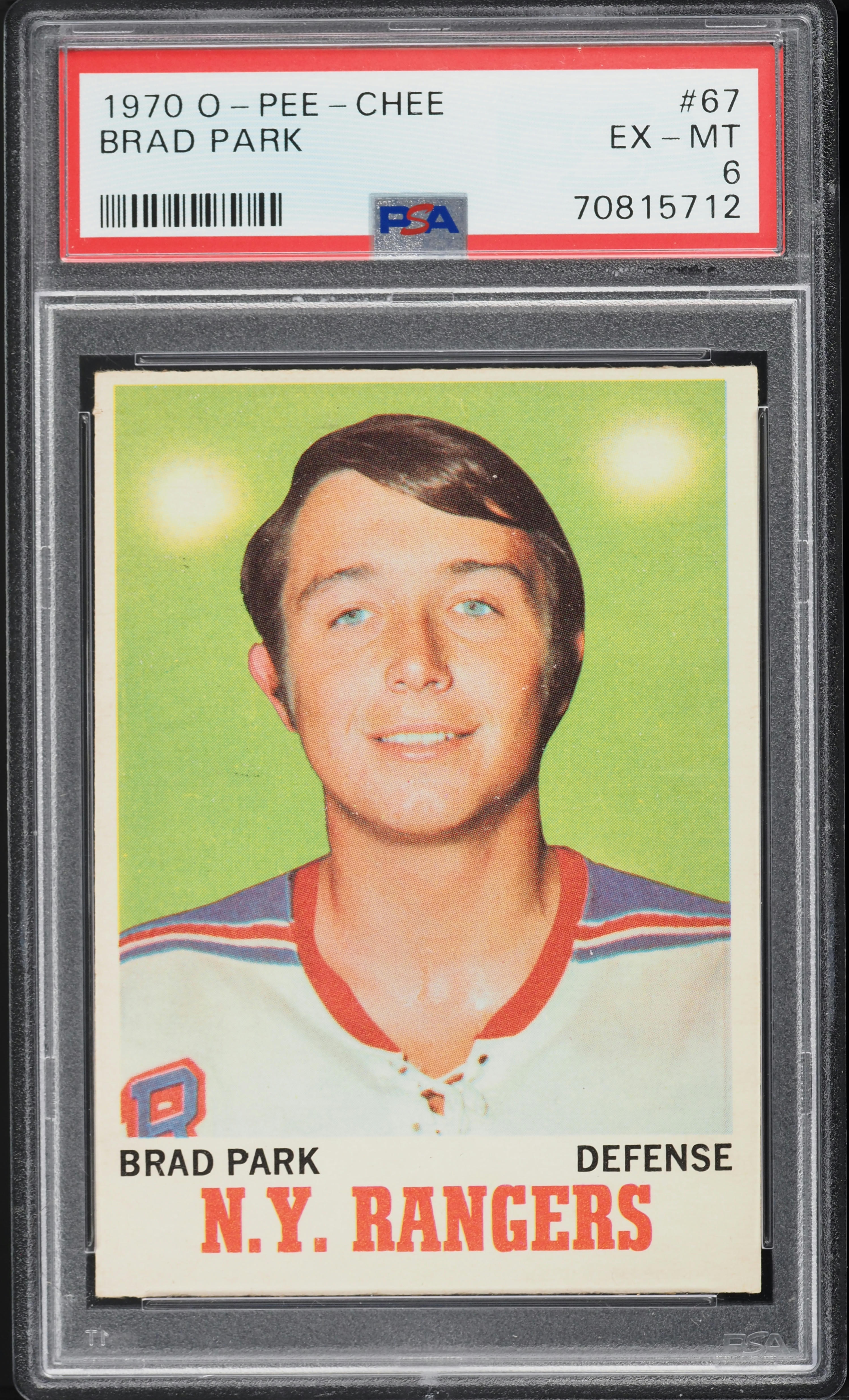 1970 O-Pee-Chee Hockey Brad Park ROOKIE #67 PSA 6 EXMT