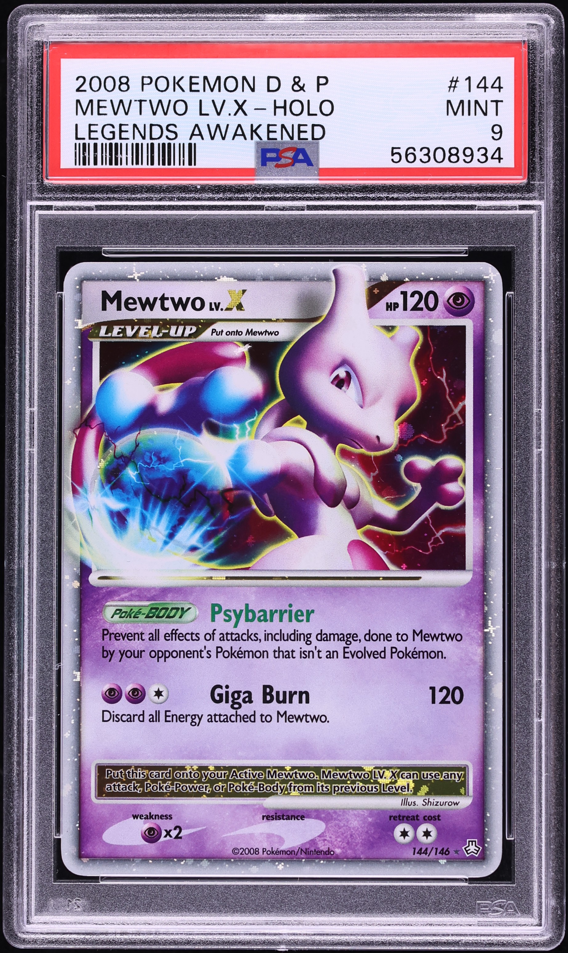 2008 Pokemon Diamond & Pearl Legends Awakened Holo Mewtwo LV.X #144 PSA 9 MINT