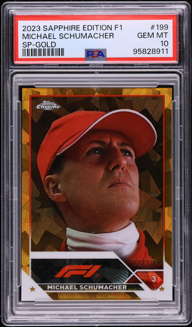 2023 Topps Chrome Formula 1 Sapphire Ed Gold Michael Schumacher /50 #199 PSA 10
