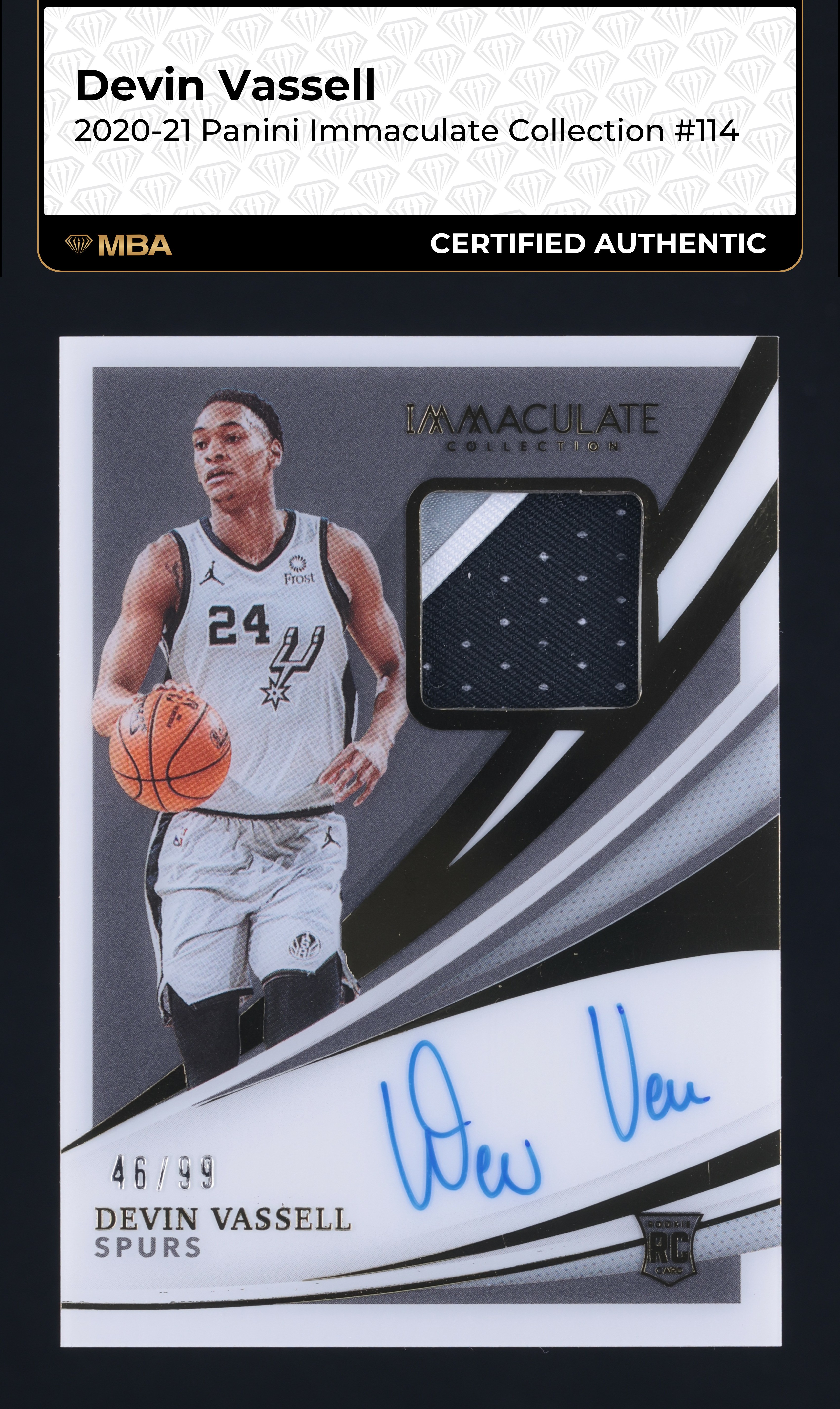 2020 Immaculate Collection Devin Vassell ROOKIE PATCH AUTO /99 #114 MBA AUTH