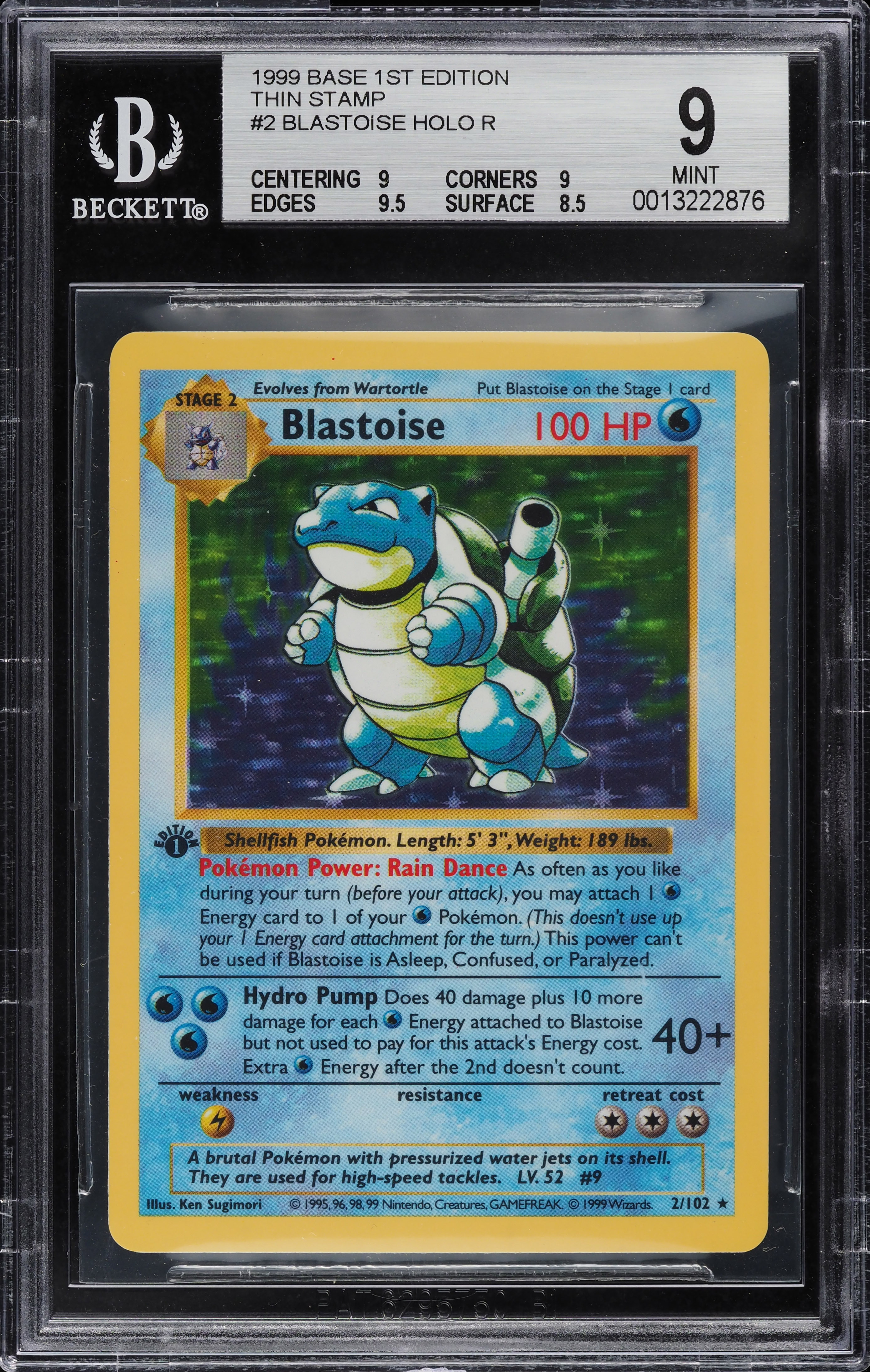 1999 Pokemon Base Set Shadowless 1st Edition Holo Thin Stamp Blastoise #2 BGS 9