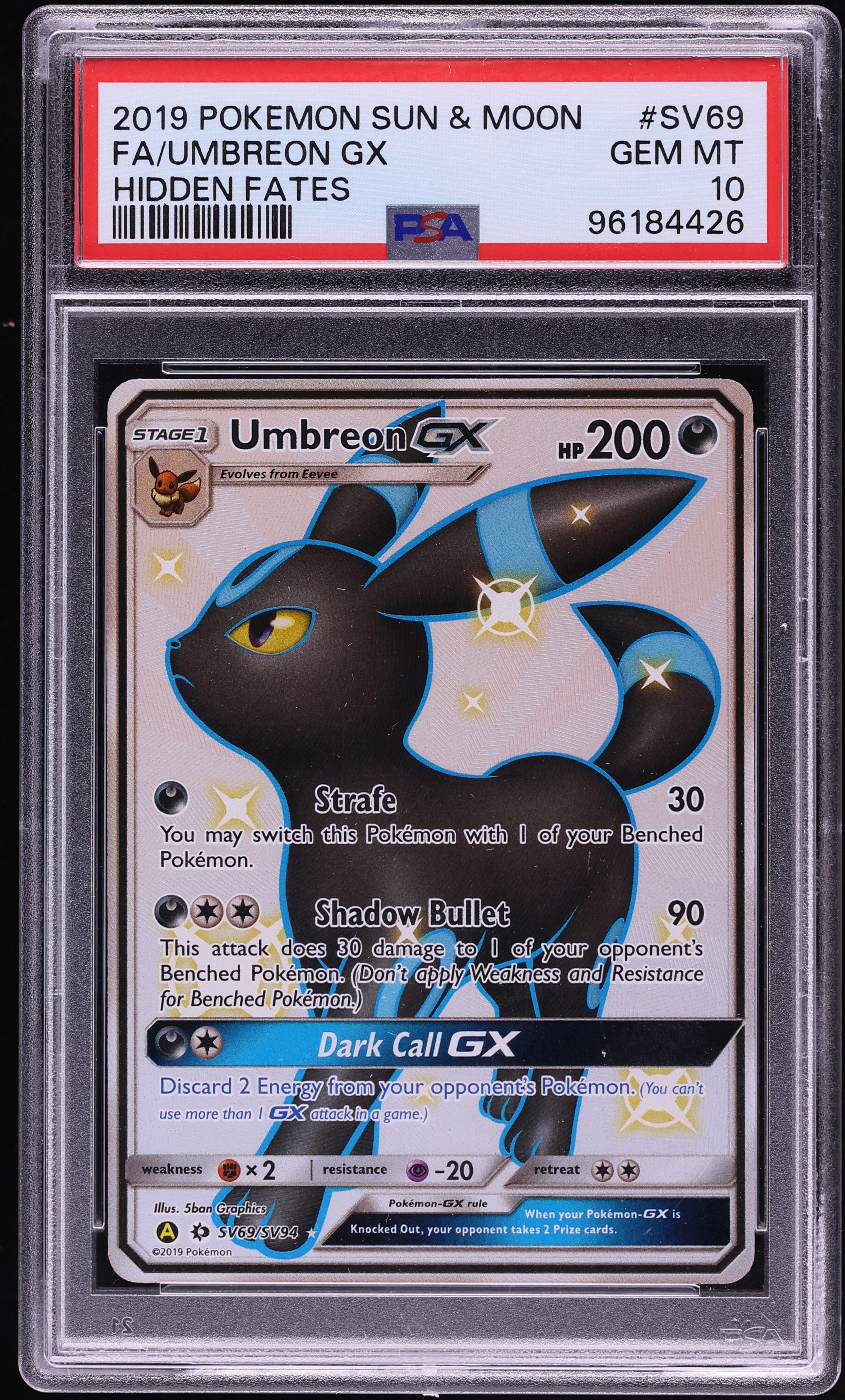 2019 Pokemon Sun & Moon Hidden Fates Shiny Vault Full Art Umbreon GX #SV69 PSA 10 GEM MINT