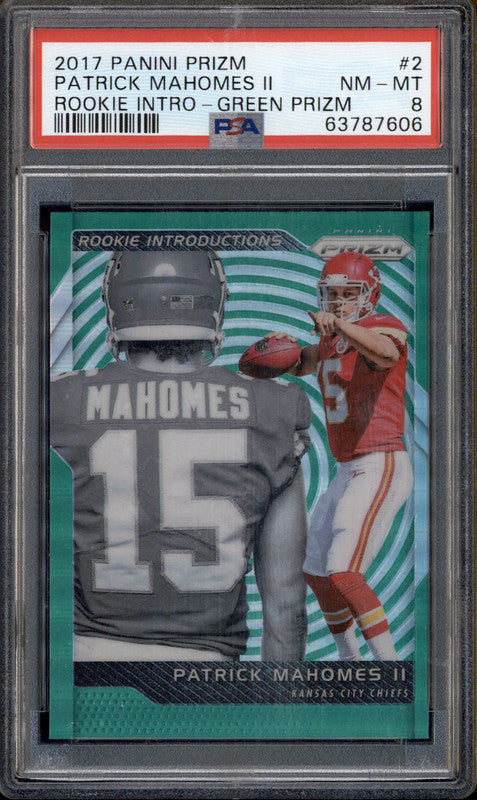 2017 Panini Prizm Rookie Introductions Green Prizm Patrick Mahomes II RC PSA 8