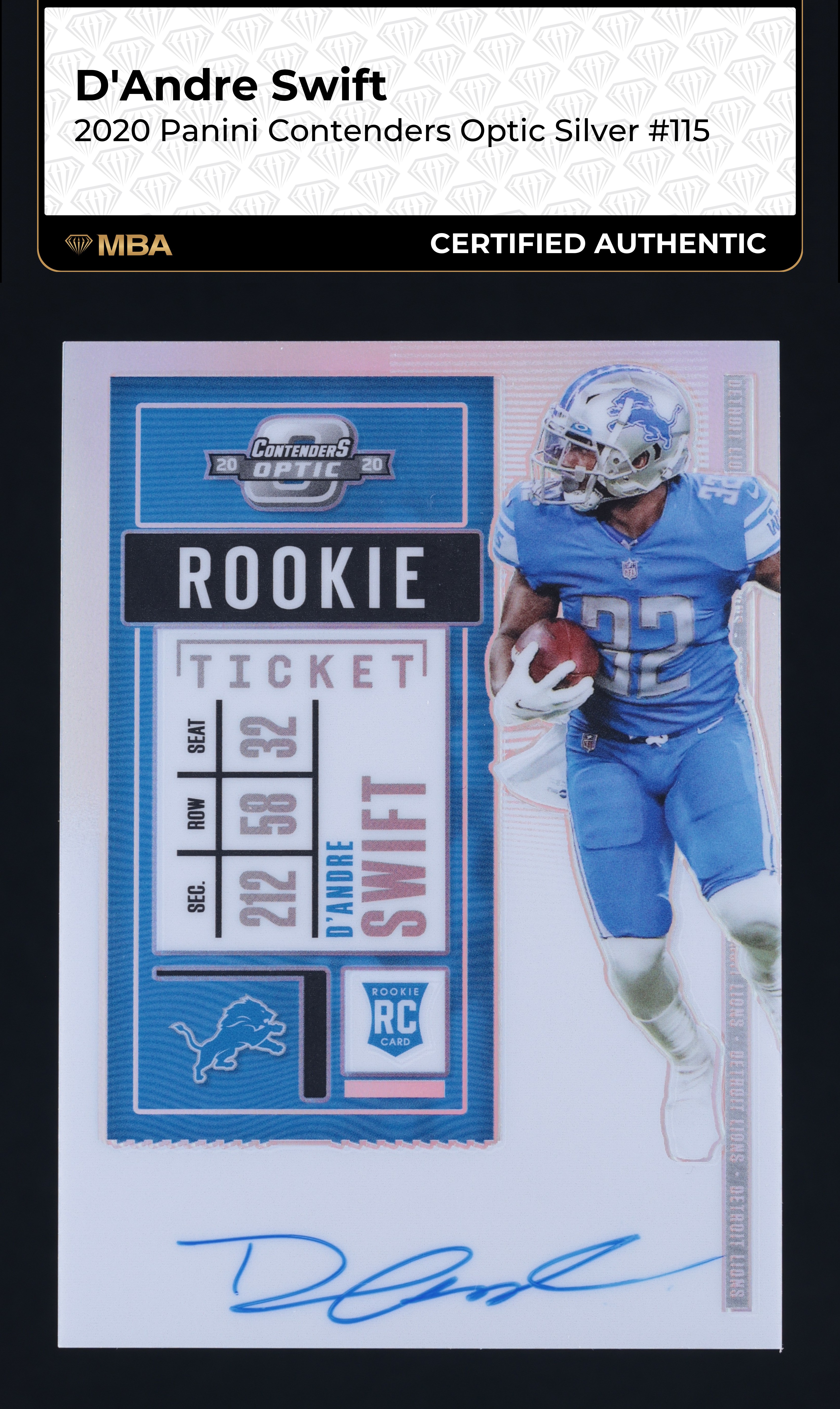 2020 Panini Contenders Optic Silver D'Andre Swift ROOKIE AUTO #115 MBA AUTH