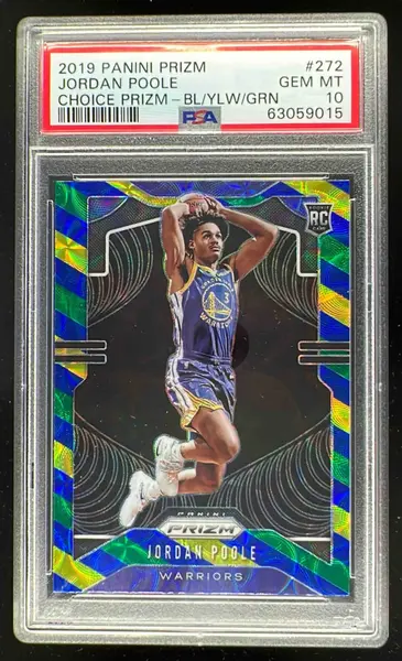 2019-20 Panini Prizm Prizms Choice Blue Yellow Green #272 Jordan Poole RC PSA 10