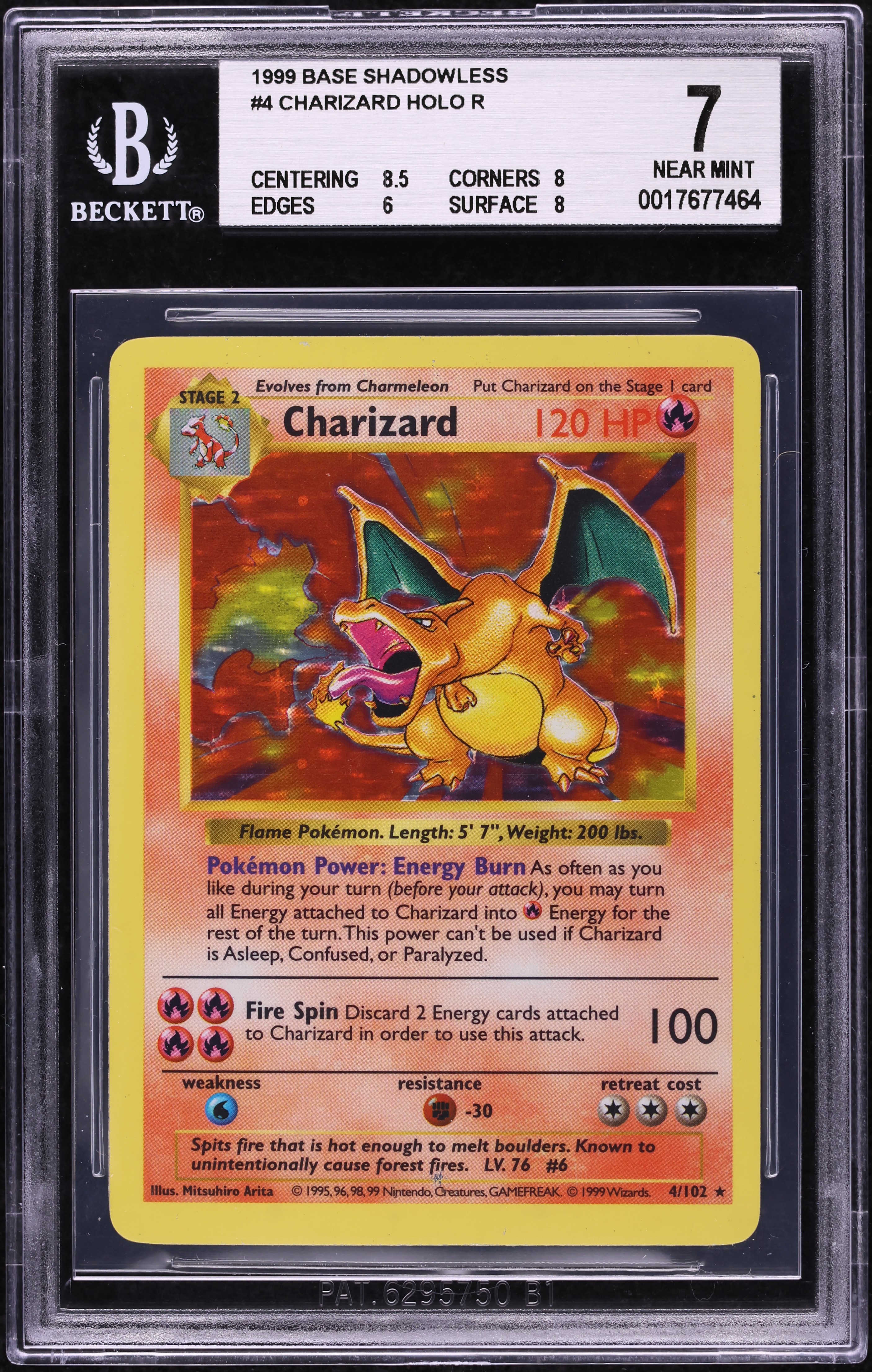 1999 Pokemon Base Set Shadowless Holo Charizard #4 BGS 7 NRMT