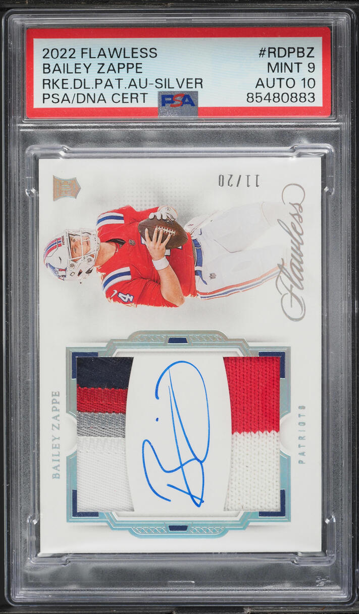 2022 Panini Flawless Dual Silver Bailey Zappe RC PATCH AUTO DNA 10 /20 PSA 9