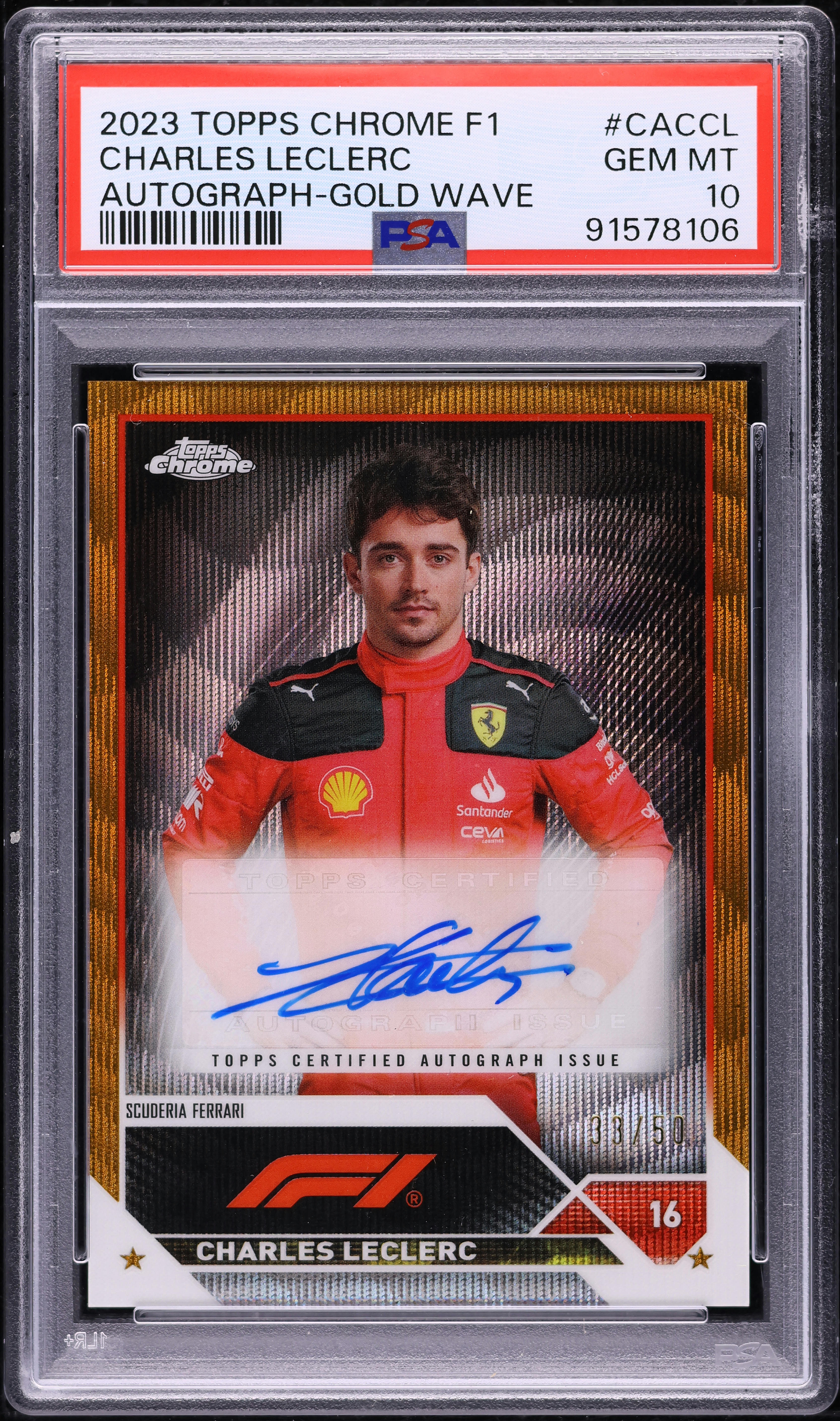 2023 Topps Chrome Formula 1 F1 Gold Wave Charles Leclerc AUTO /50 #CAC-CL PSA 10