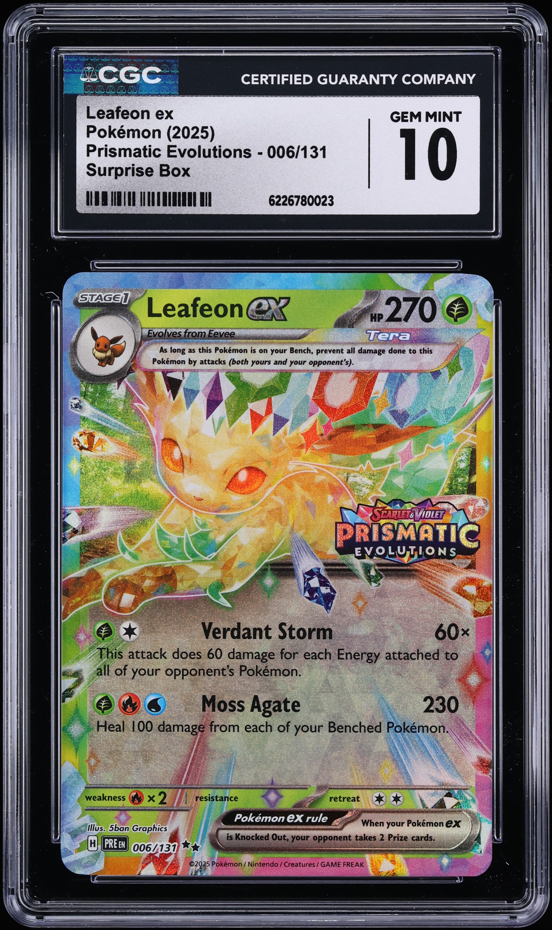 2025 Pokemon Scarlet & Violet Prismatic Evolutions Surprise Box Leafeon EX #6 CGC 10 GEM MINT
