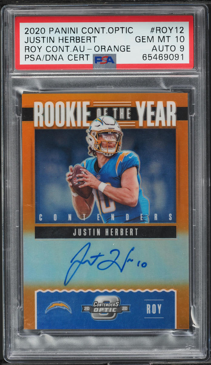 2020 Panini Contenders Optic ROY Orange Justin Herbert RC AUTO DNA 9 /50 PSA 10