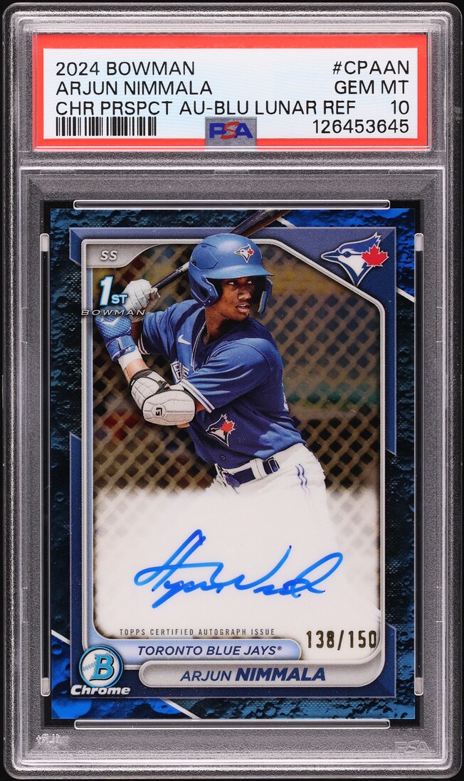2024 Bowman Chrome Blue Lunar Refractor Arjun Nimmala PROSPECT AUTO /150 #CPA-AN PSA 10 GEM