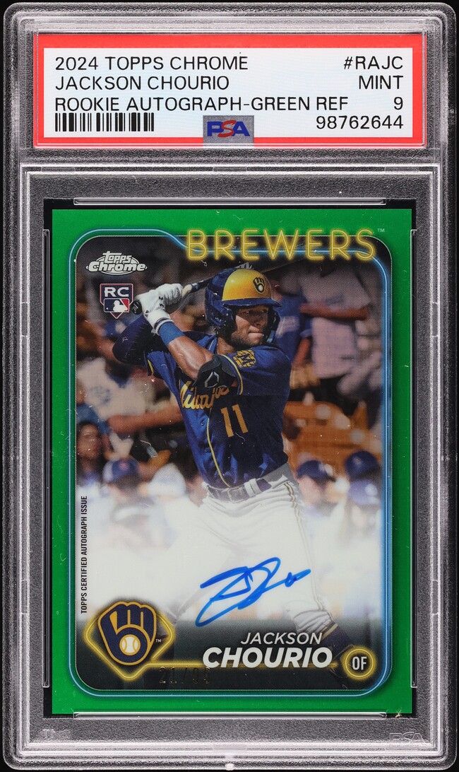 2024 Topps Chrome Green Refractor Jackson Chourio ROOKIE AUTO /99 #RA-JC PSA 9