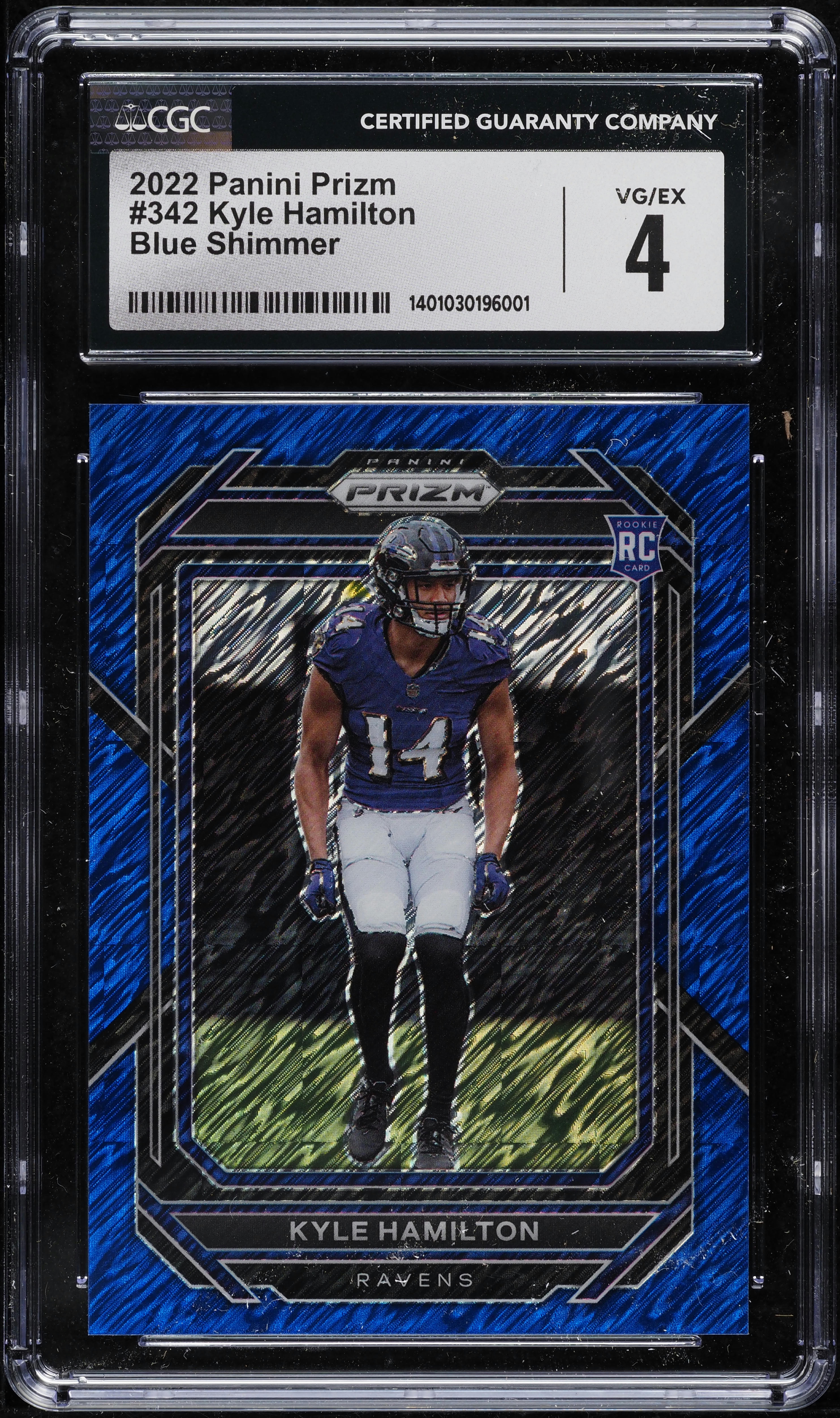 2022 Panini Prizm Blue Shimmer Kyle Hamilton ROOKIE /25 #342 CGC 4 VGEX