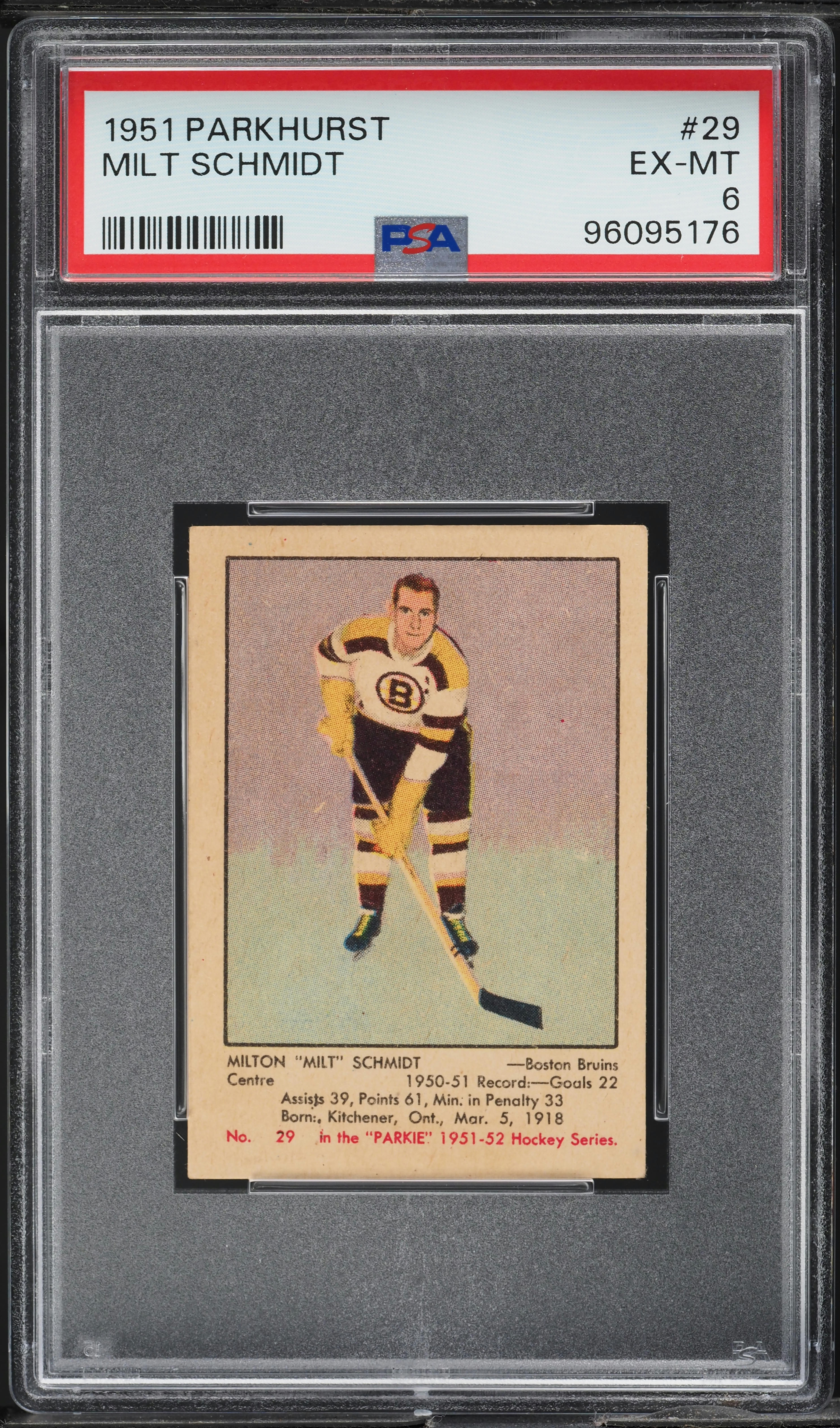 1951 Parkhurst Milt Schmidt ROOKIE #29 PSA 6 EXMT