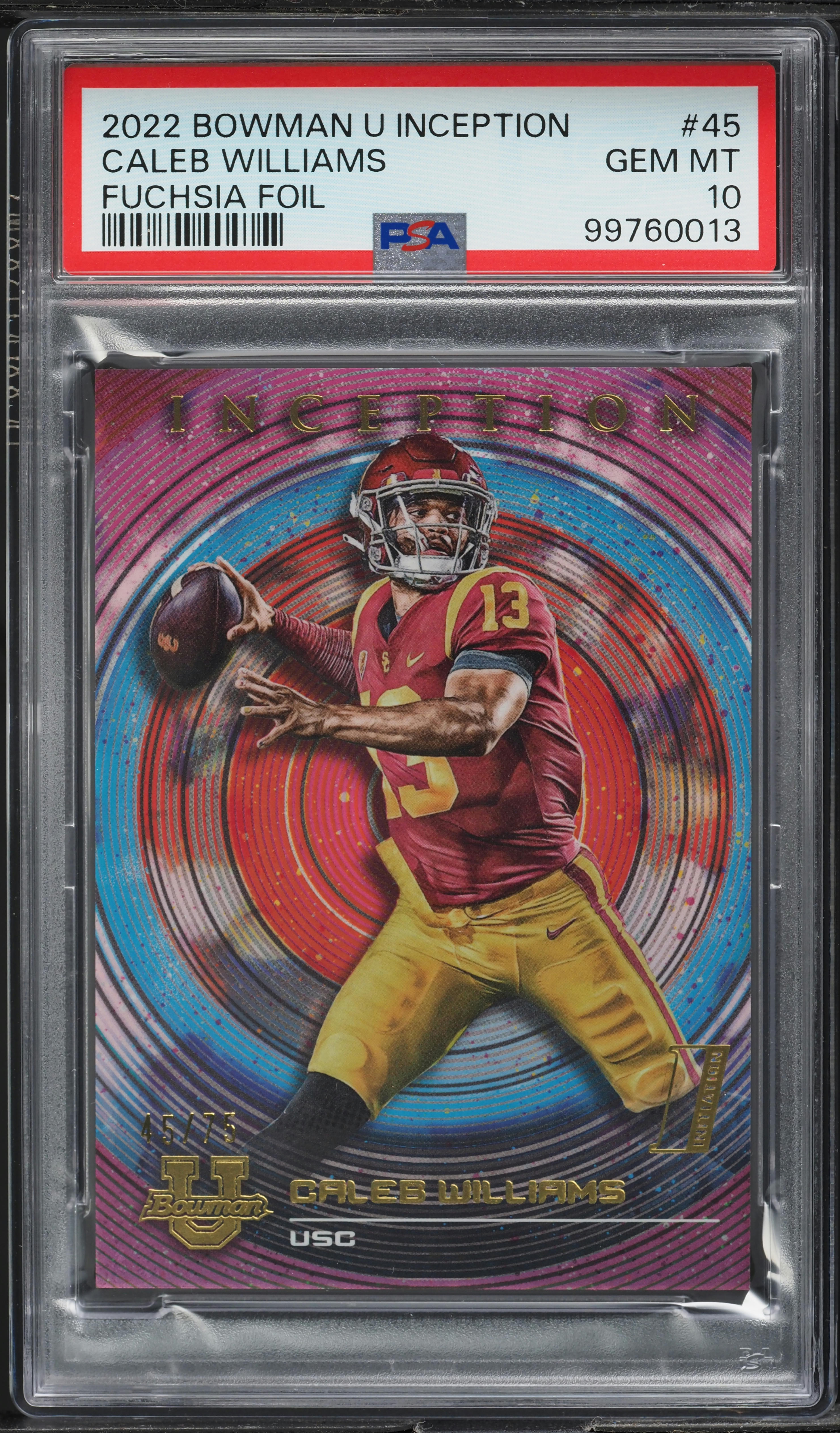 2022 Bowman University Inception Fuchsia Foil Caleb Williams ROOKIE /75 PSA 10