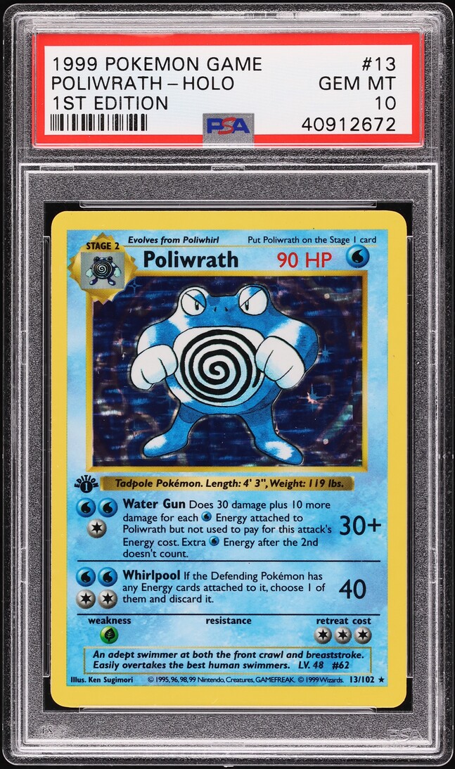 1999 Pokemon Base Set Shadowless 1st Edition Holo Poliwrath #13 PSA 10 GEM MINT
