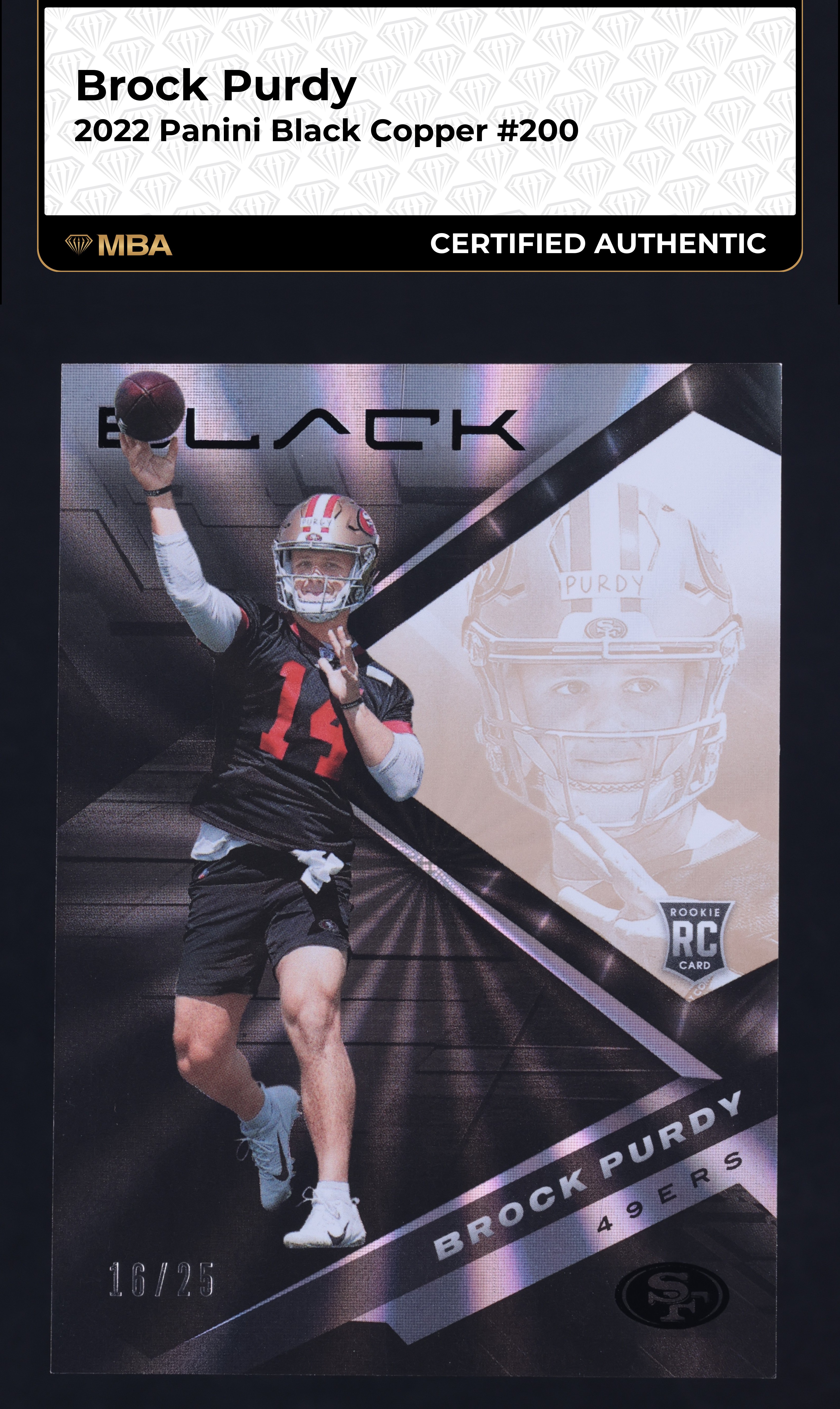 2022 Panini Black Copper Brock Purdy ROOKIE /25 #200 MBA AUTH