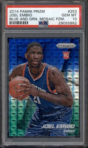 2014 Panini Prizm Blue & Green Mosaic Prizm #253 Joel Embiid RC PSA 10