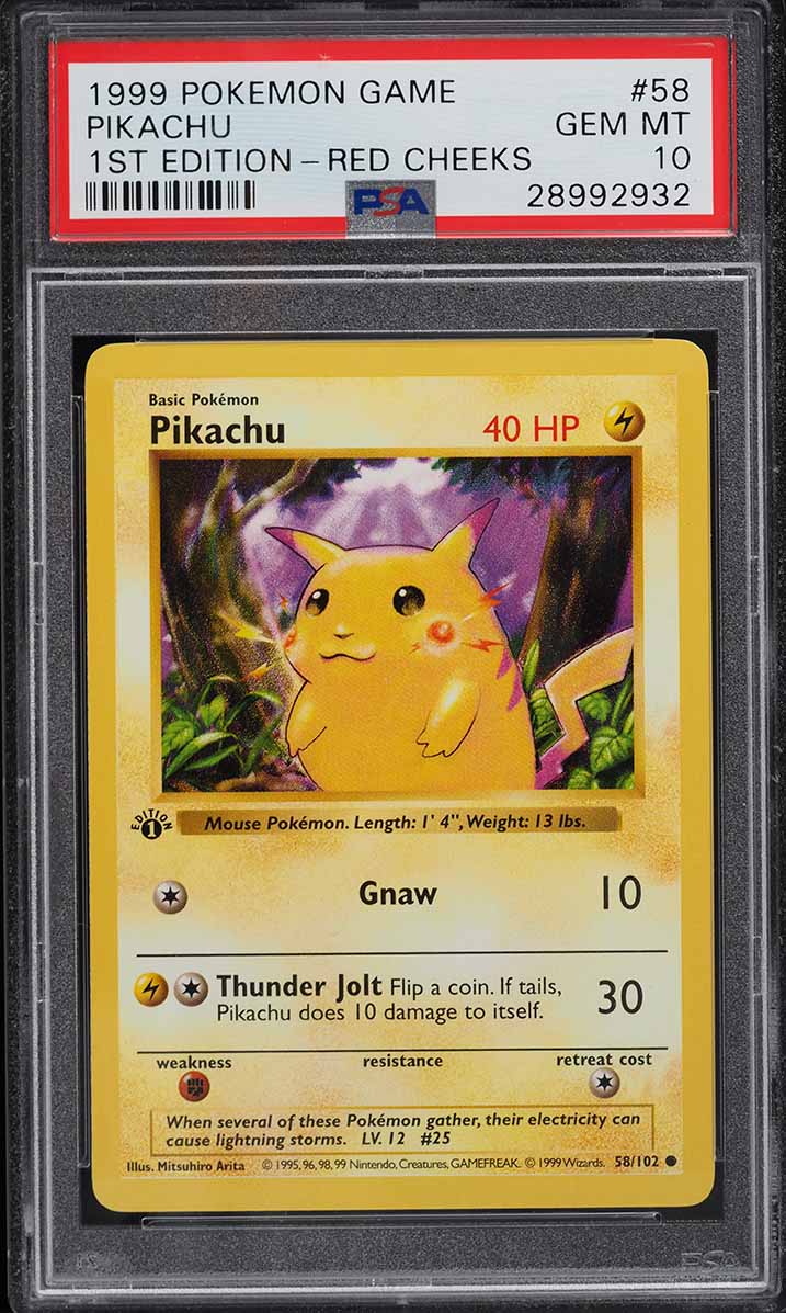 1999 Pokemon Base Set Shadowless 1st Edition Red Cheeks Pikachu #58 PSA 10 GEM