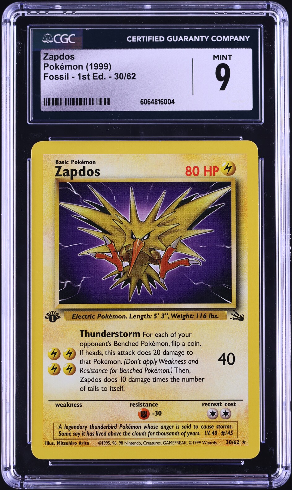 1999 Pokemon Fossil 1st Edition Zapdos #30 CGC 9 MINT