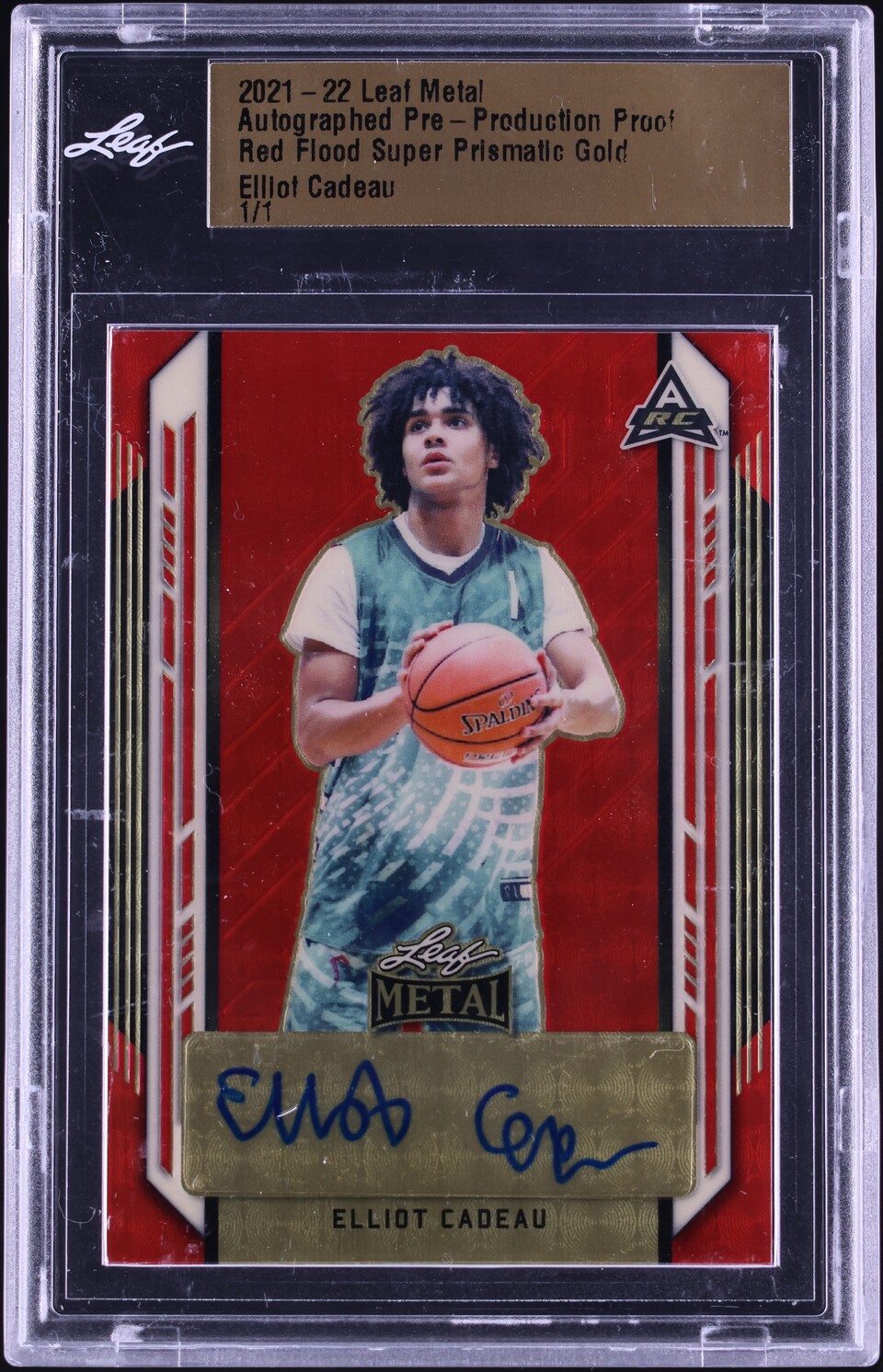 2021 Leaf Metal Pre-Prod. Red Flood Prismatic Gold Elliot Cadeau ROOKIE AUTO 1/1