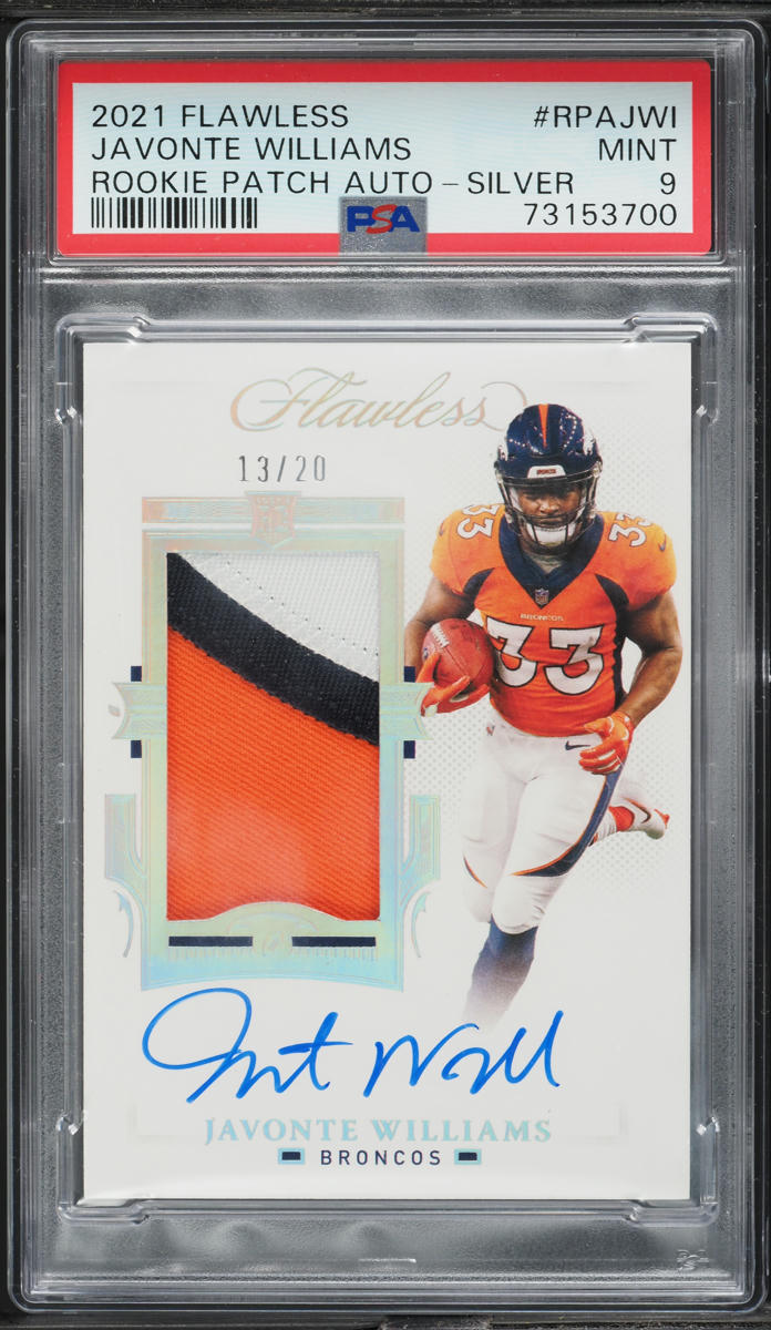 2021 Panini Flawless Silver Javonte Williams ROOKIE PATCH AUTO /20 #RPAJWI PSA 9