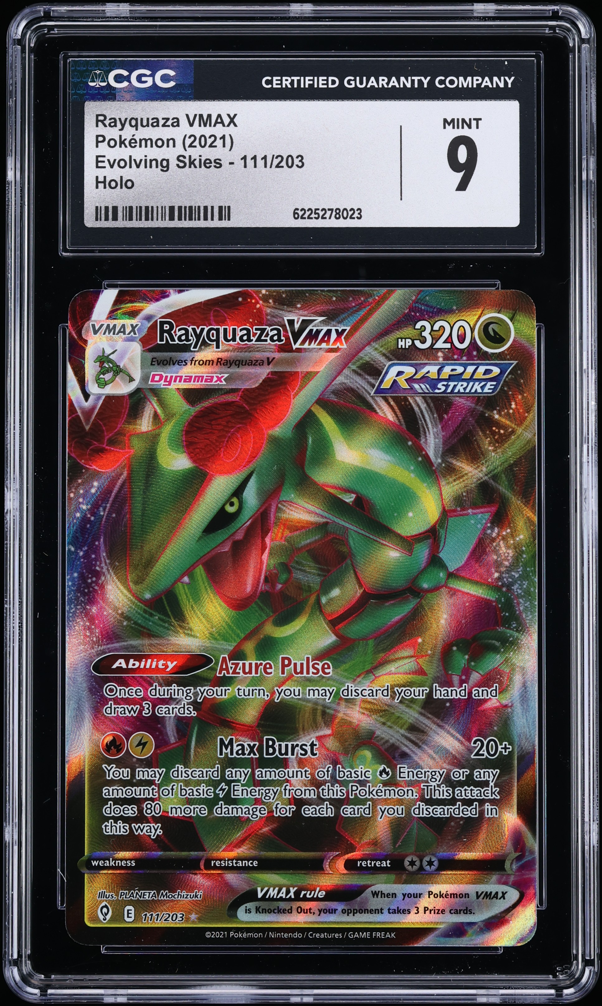 2021 Pokemon Sword & Shield Evolving Skies Full Art Rayquaza VMAX #111 CGC 9 MINT
