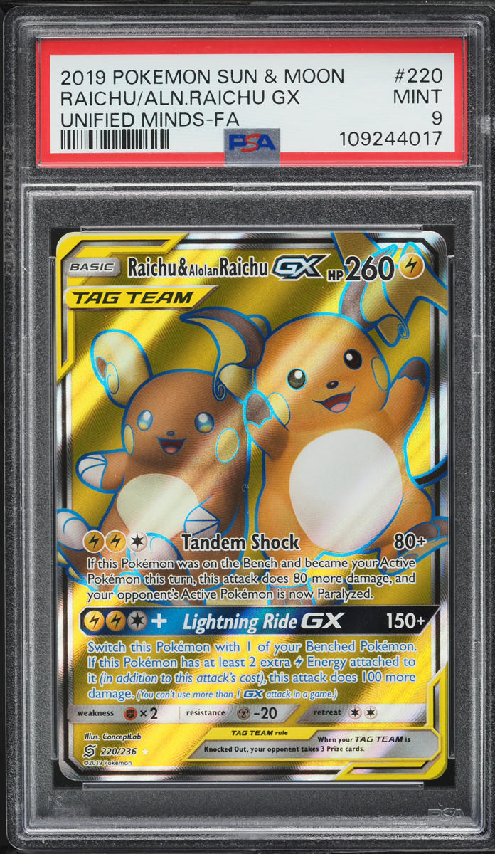 2019 Pokemon SM Unified Minds Full Art Raichu & Alolan Raichu GX #220 PSA 9 MINT