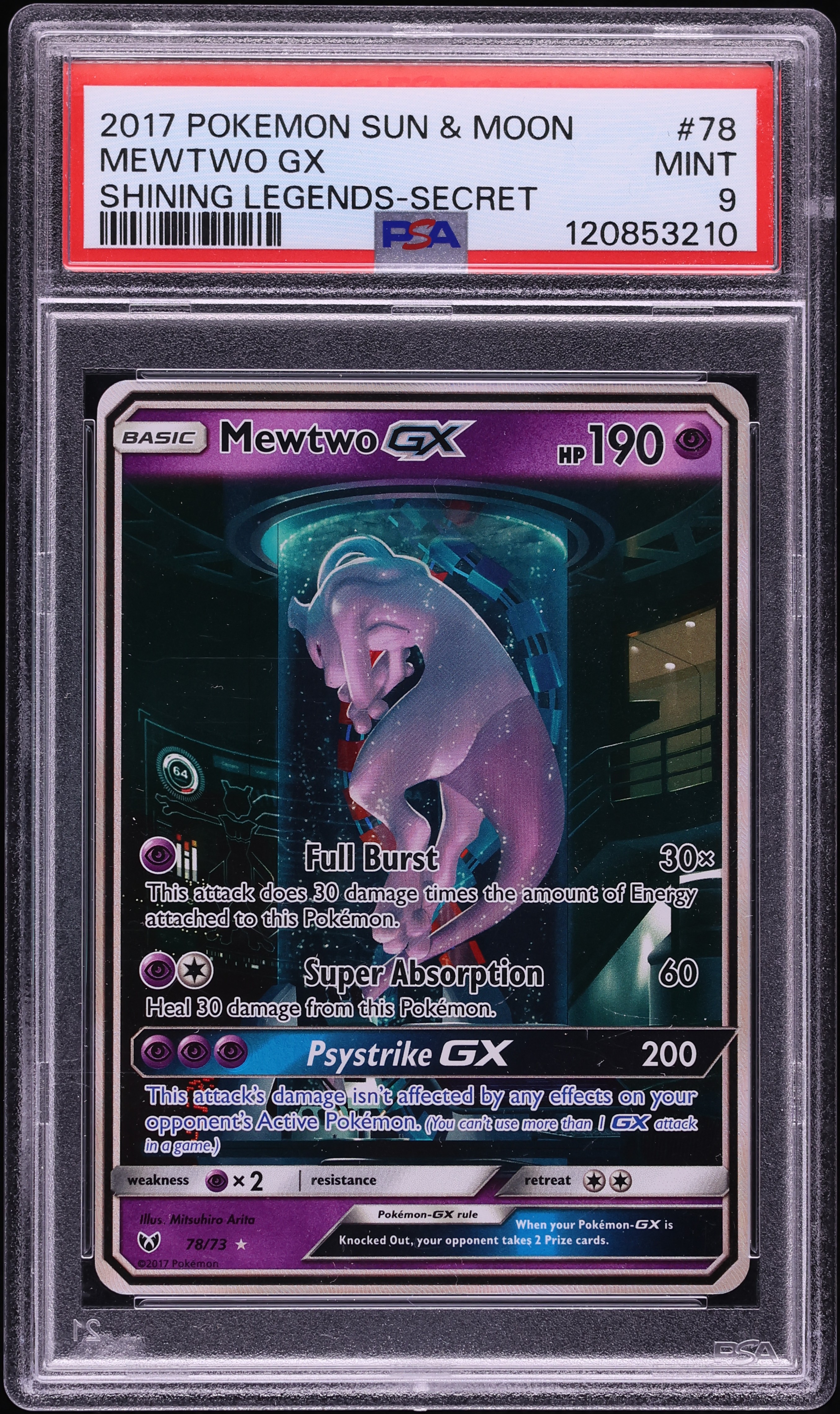 2017 Pokemon Sun & Moon Shining Legends SEC Mewtwo GX #78 PSA 9 MINT