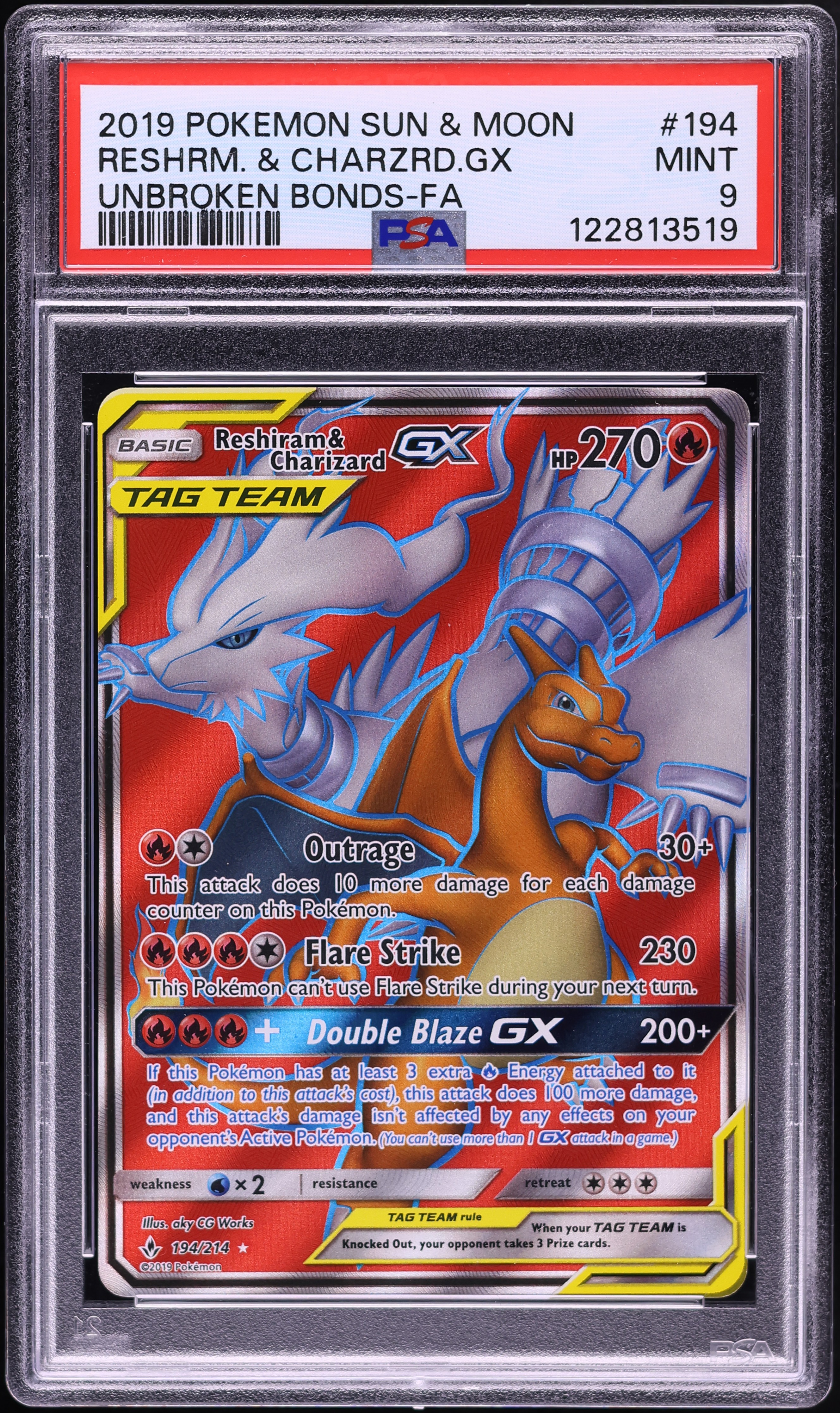 2019 Pokemon Sun & Moon Unbroken Bonds Full Art Reshiram & Charizard GX #194 PSA 9 MINT