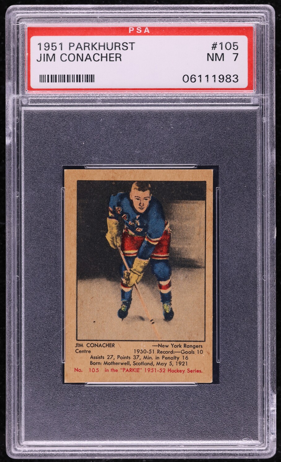 1951 Parkhurst Jim Conacher ROOKIE #105 PSA 7 NRMT